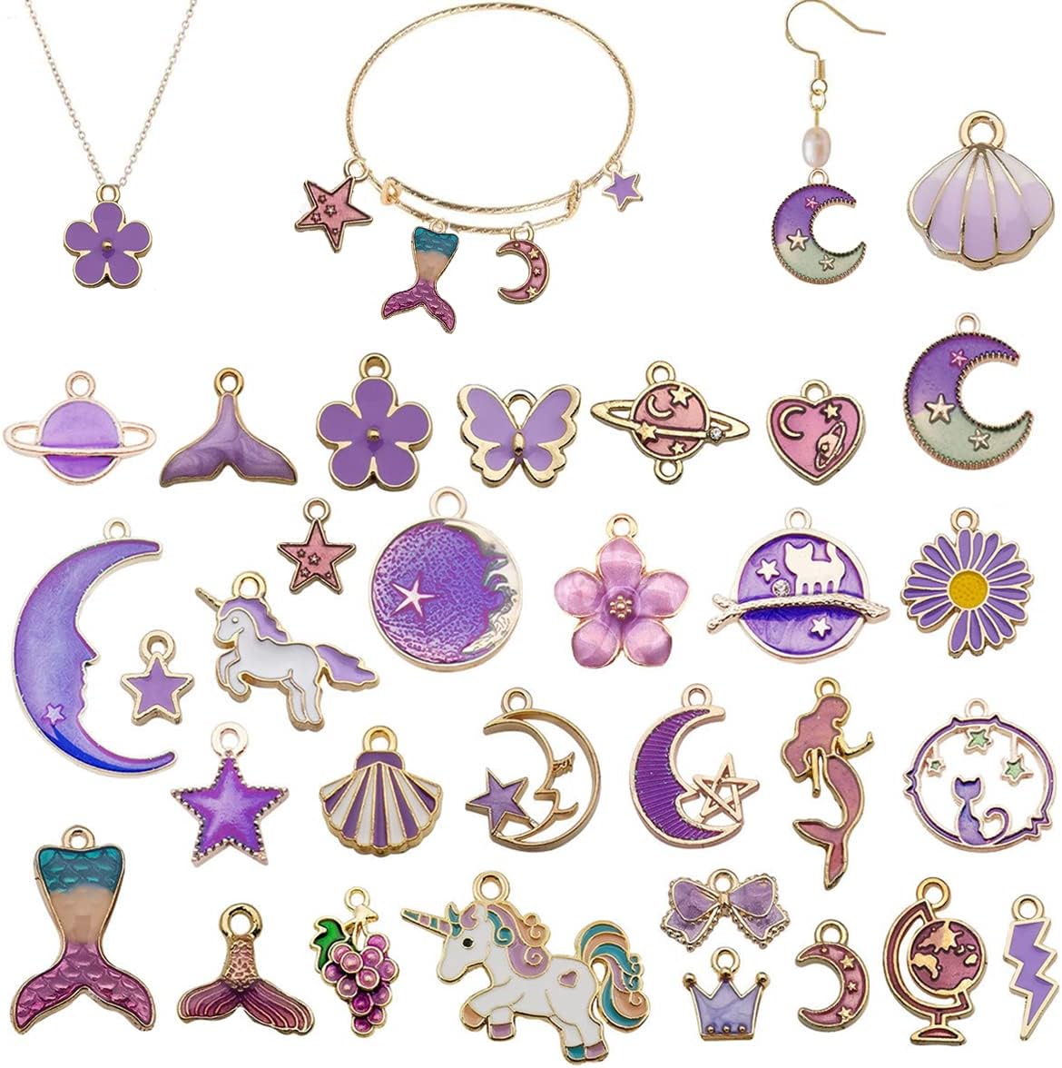 PALAY Alloy,Resin 31Pcs Diy Jewelry Making Pendent Kit Assorted Cartoon Theme Enamel Charms Gold Plated Diy Necklace Bracelets Charm Kit For Bracelet Jewelry Making And Crafting