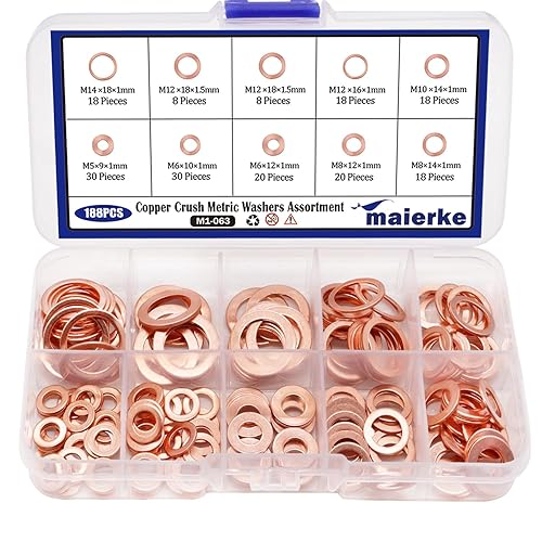 maierke Kit surtido de arandelas métricas de cobre triturador de 9 tamaños, arandela trituradora, tapón de drenaje de aceite, surtido de arandelas