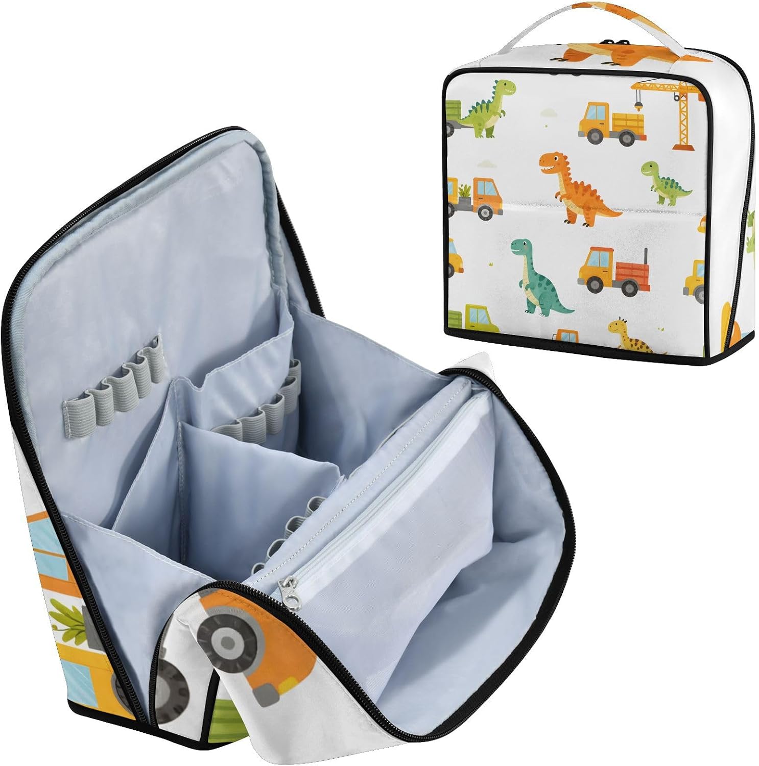 Cartoon Dinosaurs and Construction Vehicles Standing Makeup Bag