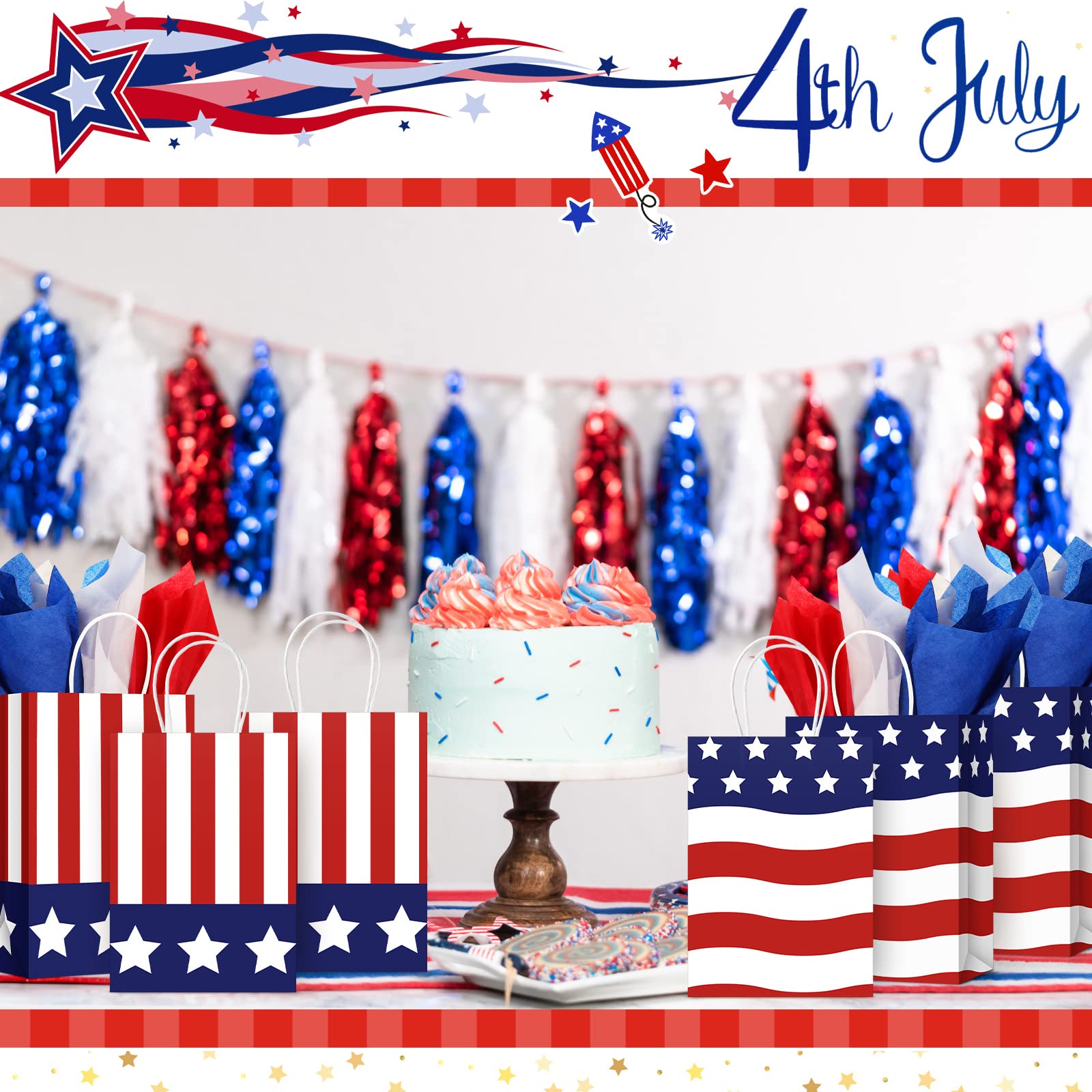 Tisancy 30 Pcs Patriotic Gift Bags with Handle with 30 Pcs Red White Blue Tissue Paper 4th of July American Flag USA Gift Bags for Veterans Memorial Day Independence Day(Classic Style)