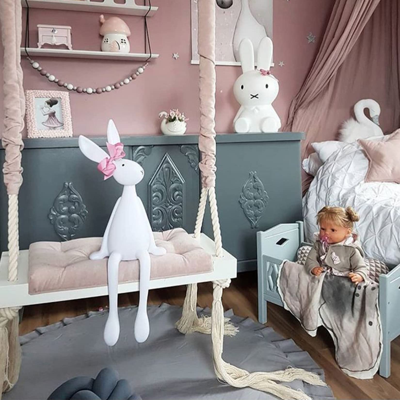 XMZFQ Wood Tree Swing Seat Set with Soft Cushion, Adjustable Hemp Rope, Tree Swing Chair for Kids Adults Indoor & Outdoor Play, Room Decoration,Pink