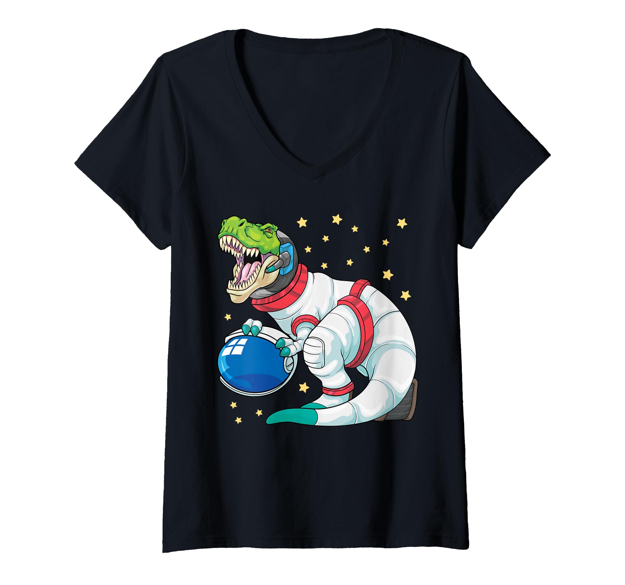 Womens Astronaut Dinosaur T Rex Astro Space Stars Funny Kids V-Neck T-Shirt