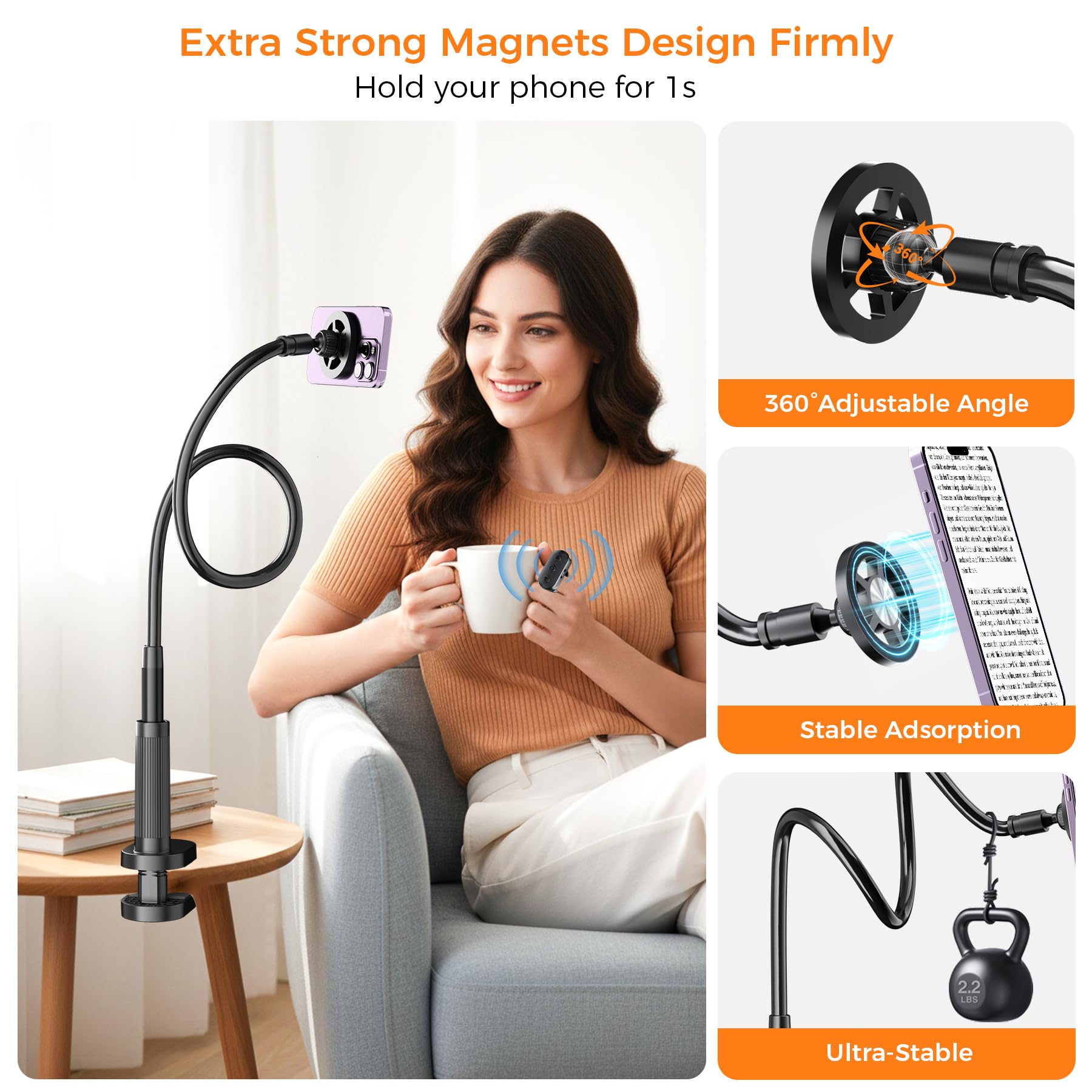 Supporto magnetico per telefono da letto sdraiato con girapagine, supporto per telefono cellulare a collo di cigno con clicker da lettura, braccio lungo flessibile a 360° con anello di