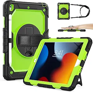 SIBEITU Case Compatible with iPad 9th/8th/7th Generation with Screen Protector Pen Holder, iPad Case 10.2 Inch, Heavy Duty Protection Cover W/Stand Hand Shoulder Strap for iPad A2602 A2197