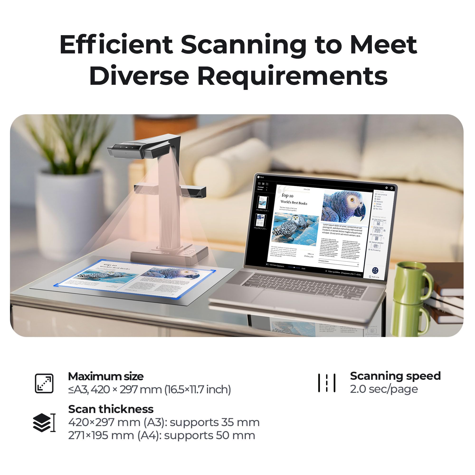 CZUR ET24 Pro A3 Buchscanner 24MP Scanner mit HDMI, A3 Scanner mit Laser Verflachungstechnologie, OCR 180+Sprache, Dokumentenscanner Visualizer für Windows, macOS und Linux