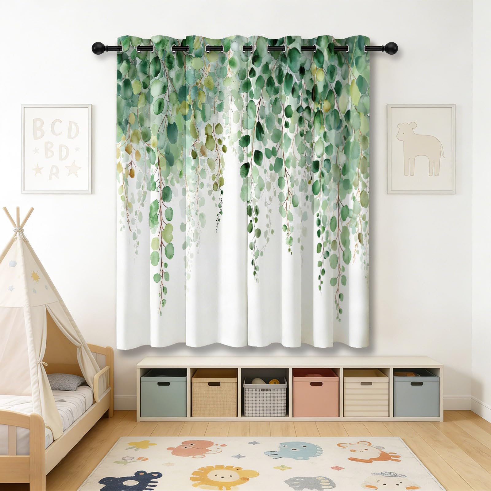 Generisch Vorhänge Aquarell Pflanzen Ranken Motiv, Natur Landhausstil Blickdichte Vorhänge für Wohnzimmer Schlafzimmer Deko, Grün Thermo Verdunklungsvorhänge mit Ösen, 5er Set H245 x B100 cm