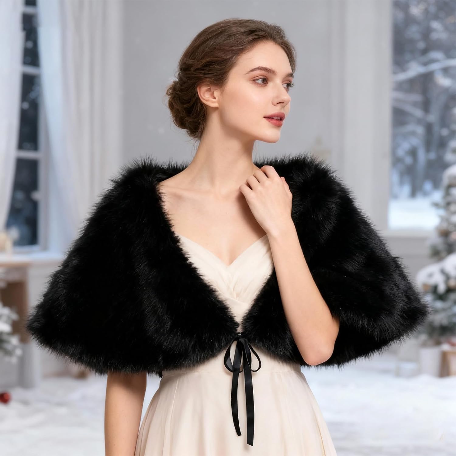 Black Faux Fur Shawl Wedding Wraps Sleeveless Evening Shoulder Shawls Cover for Women Bride and Bridesmaids Winter - Image 7