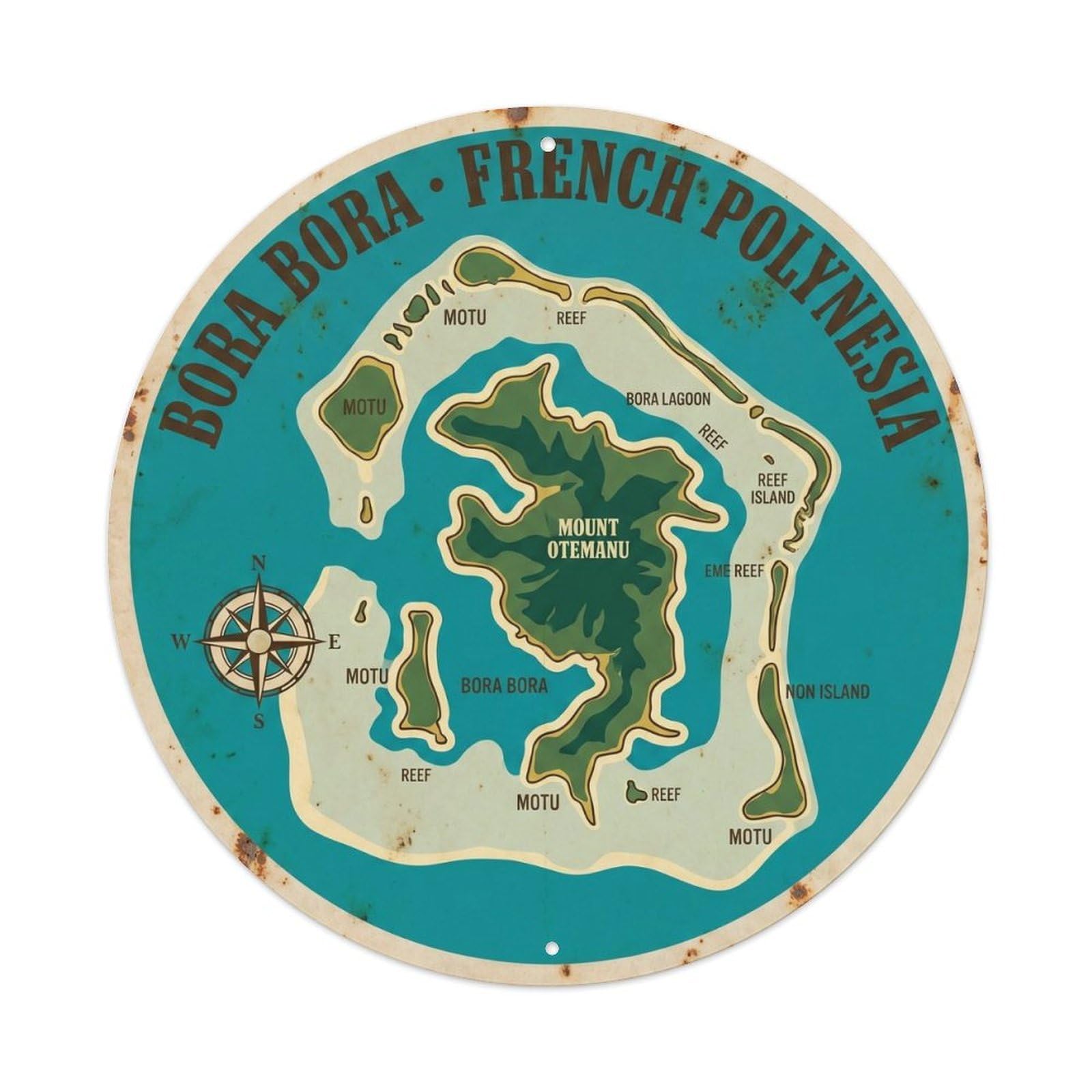 Olhnbad Style Coral Borabora Otemanu Lagoon Map Vintage Reef Metal Tin Sign