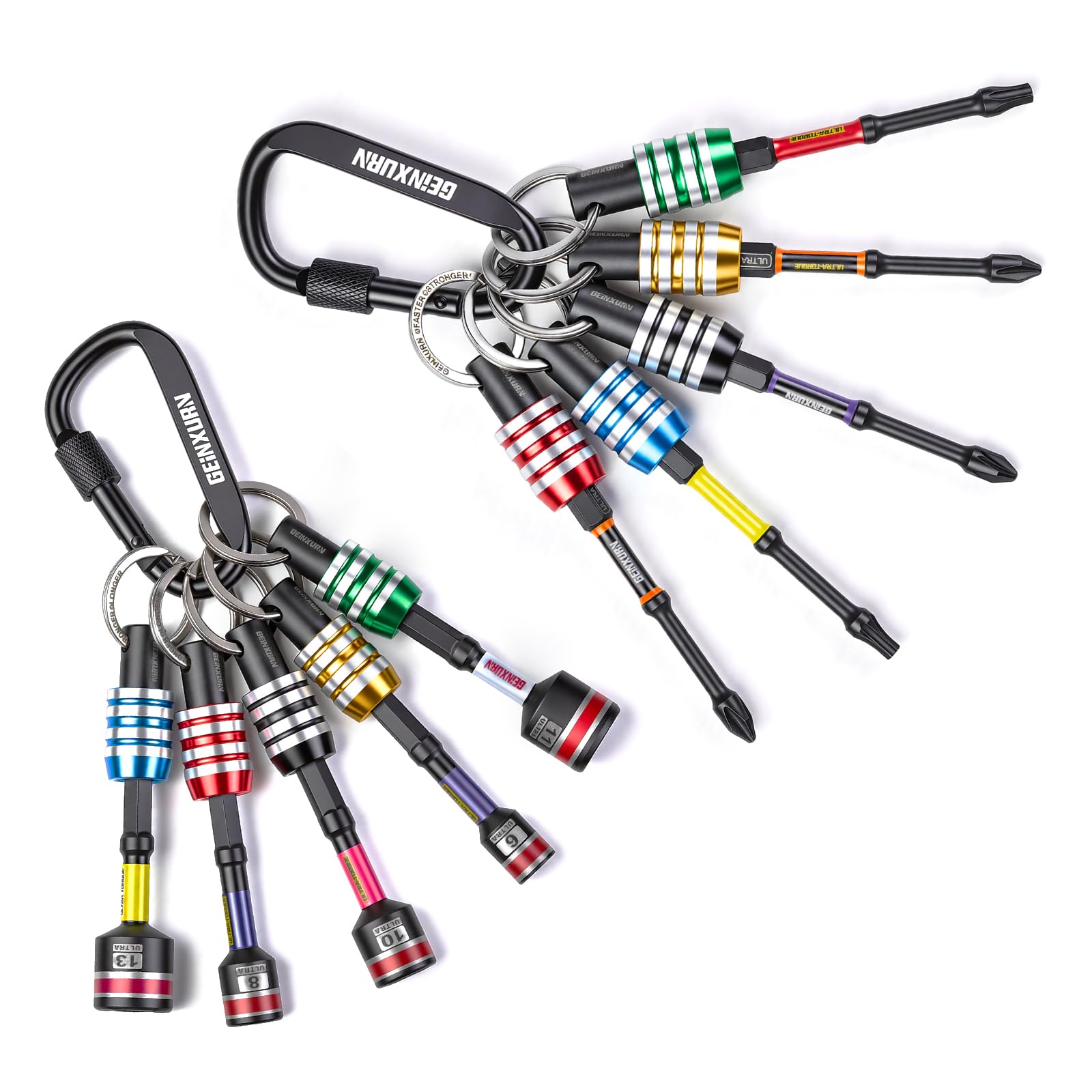 Geinxurn 2 Pack of 1/4 Inch Hex Shank Bit Holder Set, Drill Holder Keychain with Impact Driver Bits and Nut Driver, Quick Change Aluminum Alloy Bit Organizer with Carabiner for Outdoor DIY Work