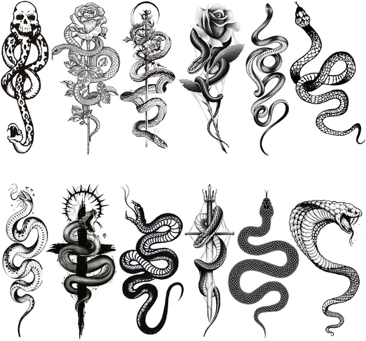 SNOWZAN 12 Sheets Snake Temporary Tattoos Women Men Dark Mark Death Eater Tattoos Black Tattoo Snake Fake Tattoos Waterproof Stickers Tatoo Decor Halloween Parties Costume Accessories