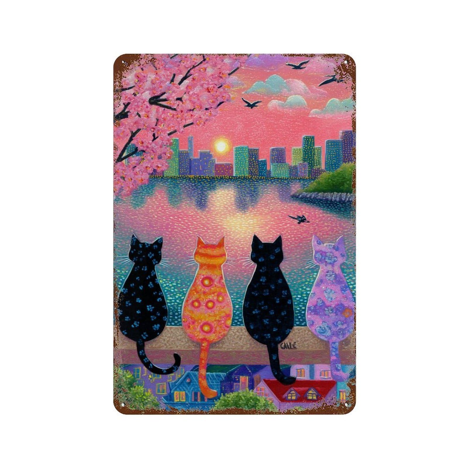 Garage Style Cityscape Cats Sunset Art Print -1 Rust Effect Tin Sign 11.8"x7.9", Shabby Chic Decor for Bar And Workshop