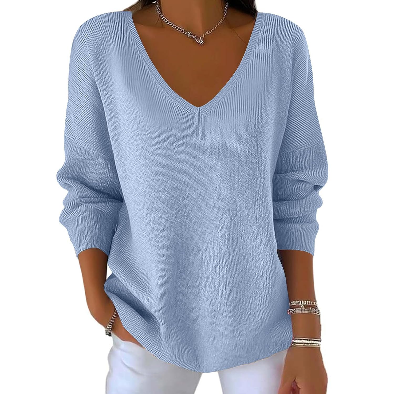 Sweaters for Women Oversized Long Sleeve V Neck Fuzzy Knit Casual Plus Size Pullover Sweater Fall Fashion Clothes