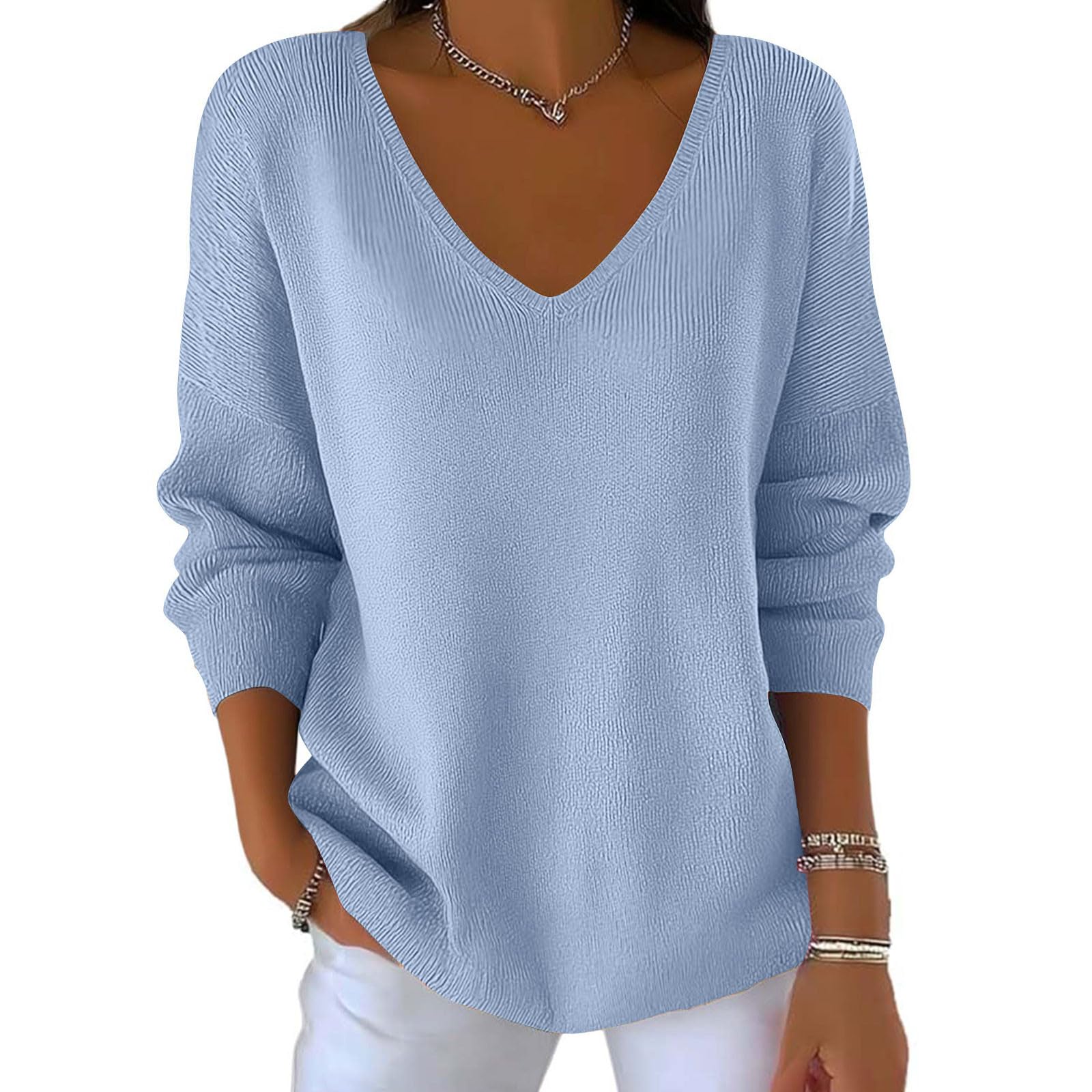 Sweaters for Women Oversized Long Sleeve V Neck Fuzzy Knit Casual Plus Size Pullover Sweater Fall Fashion Clothes