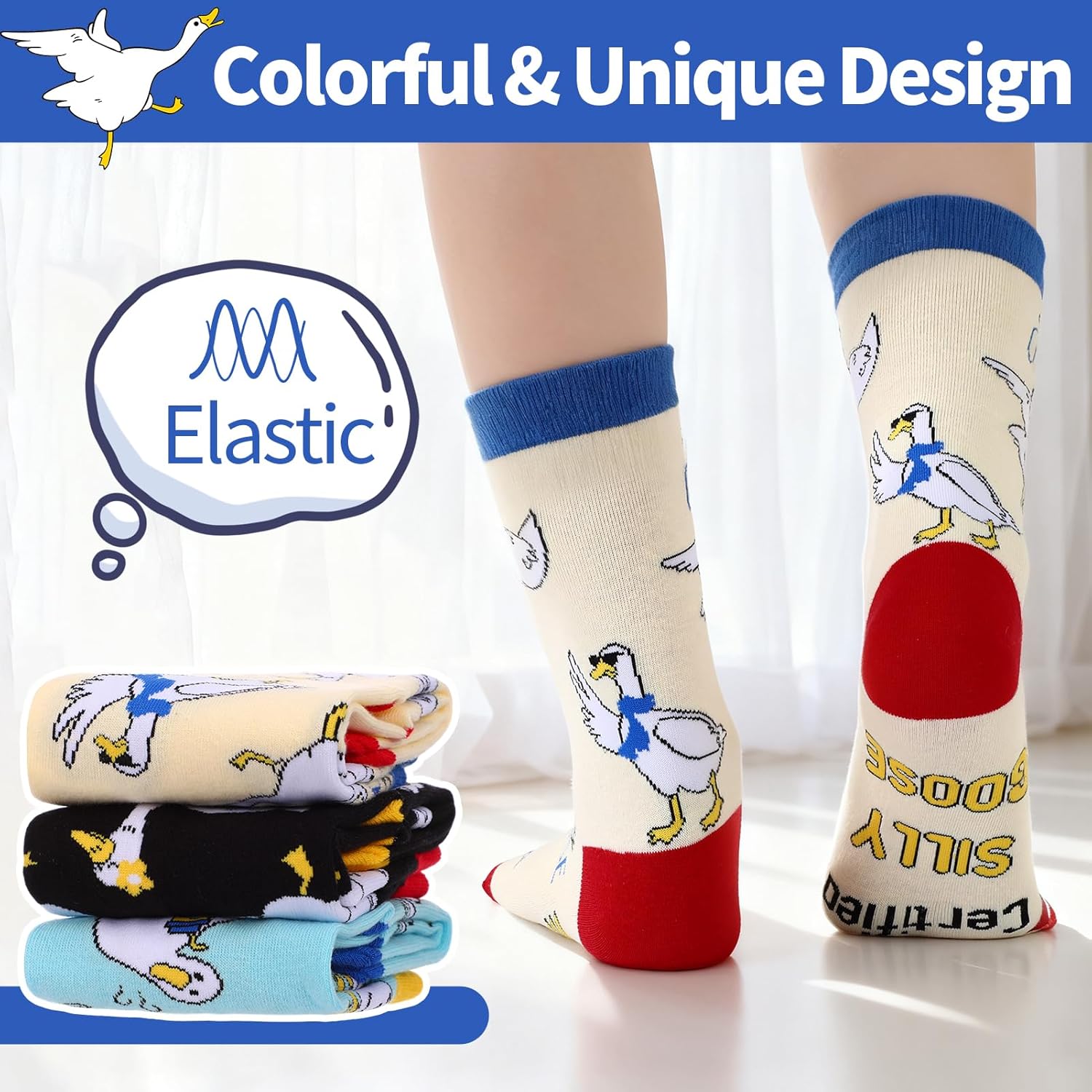 3 Pairs Silly Goose Theme Novelty Socks for Women Cotton Cute Goose Crew Sock Funny Gifts for Women Girl Size 7-10 - Image 4
