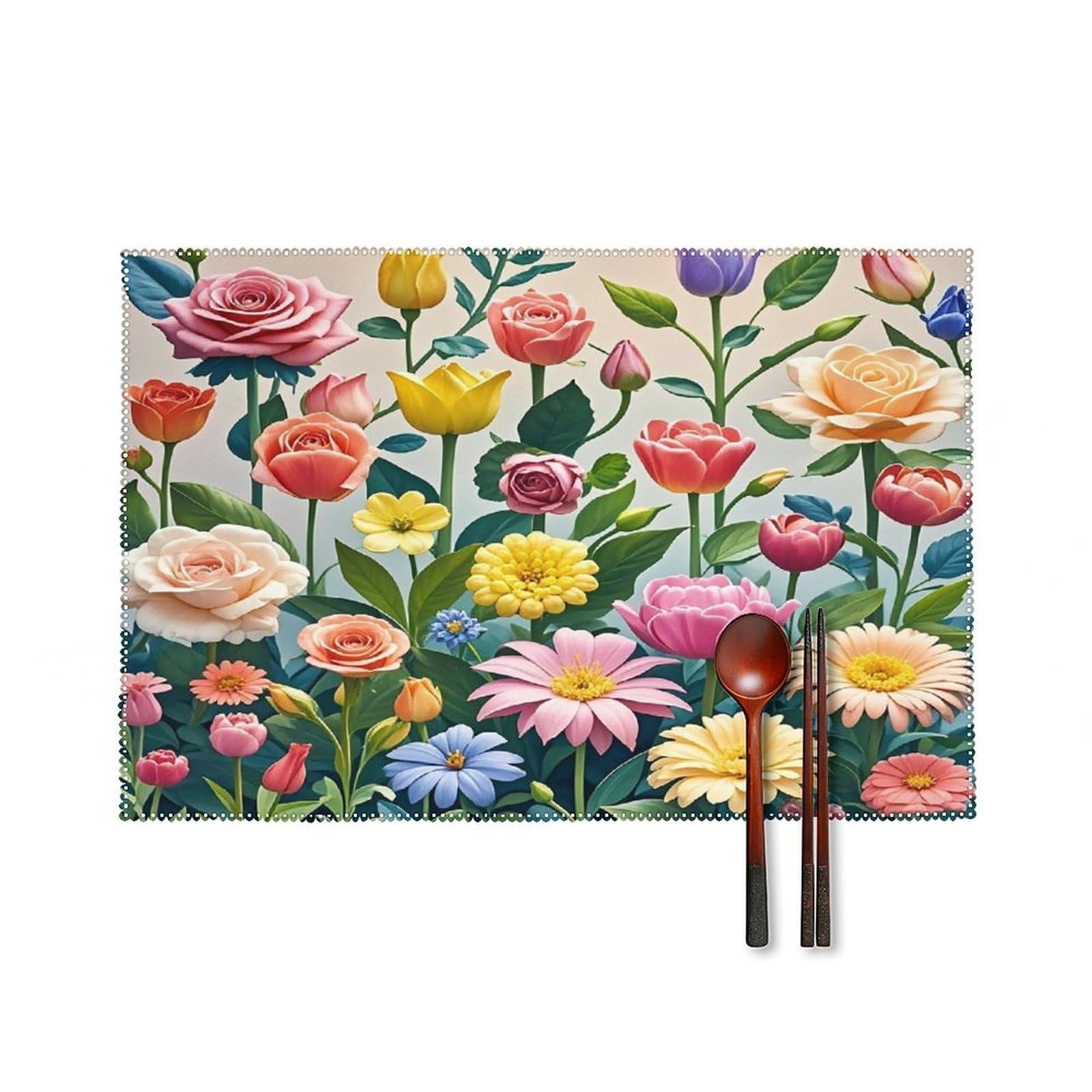 Garden Flowers Placemats Set of 6 Heat Resistant Non-Slip Table Mats Washable Indoor Outdoor Place Mats Rustic Vintage Seasonal Placemat for Kitchen Dining Outdoor Party Table Decor
