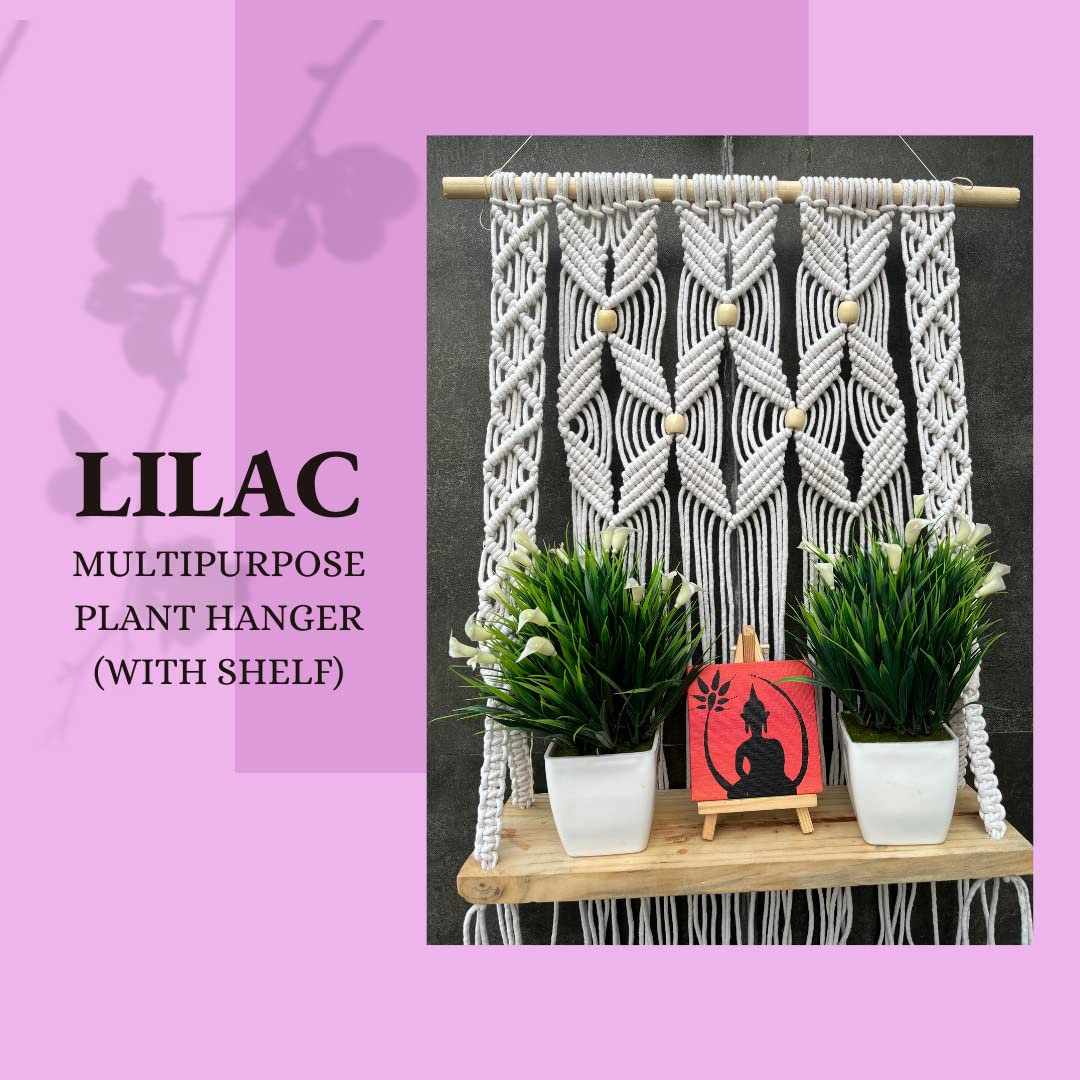 LOVE N BEYOND LILAC Macrame Plant Hangers Indoor Outdoor Wall Planter Decorative Flower Pot Holder Boho Home Decor, with Real Wood Shelve (White).