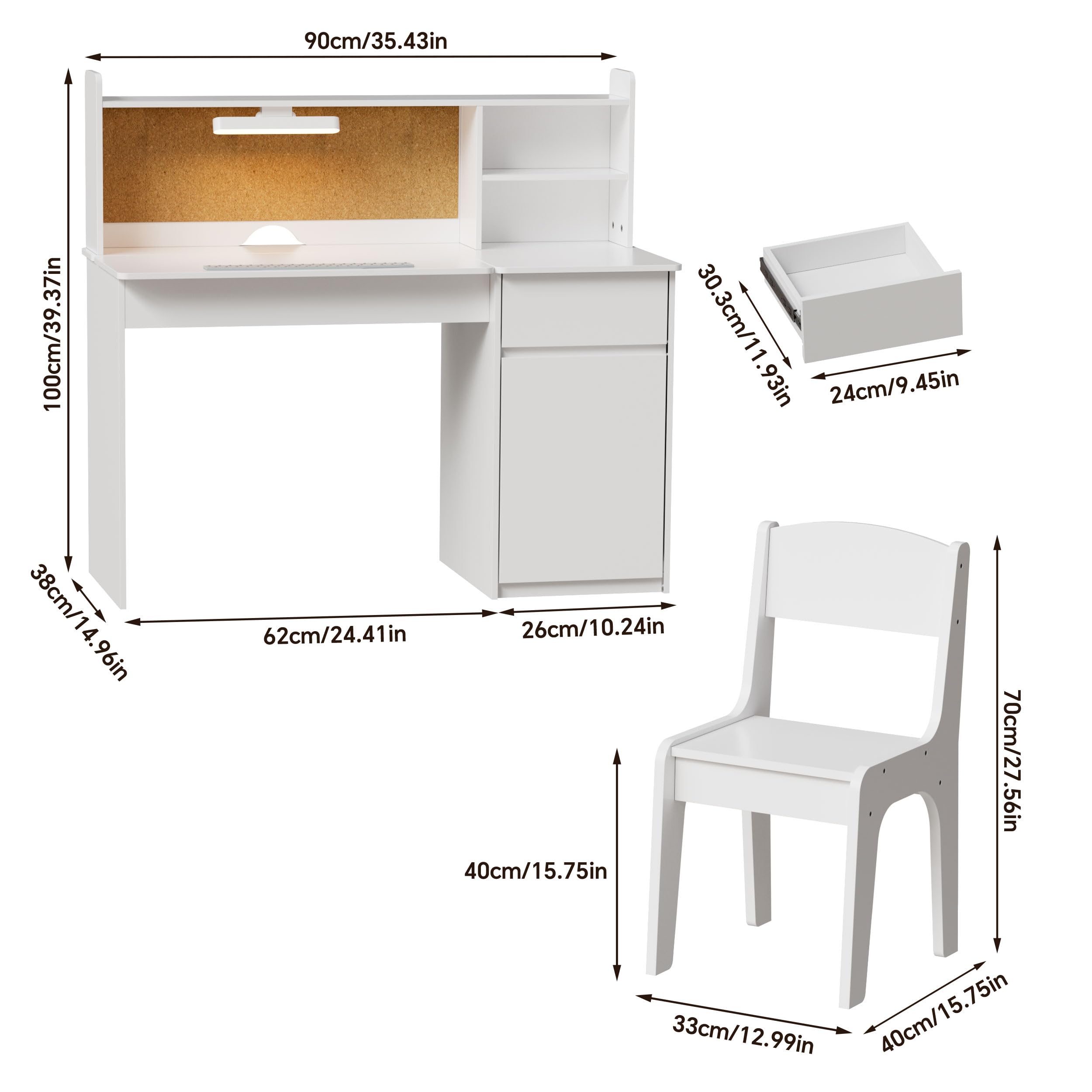 Bureau Enfants avec Chaise, Plateau Incliné 0-40° & Lumière Tricolore, Table Enfant Bois Rangement Tableau d'Affichage
