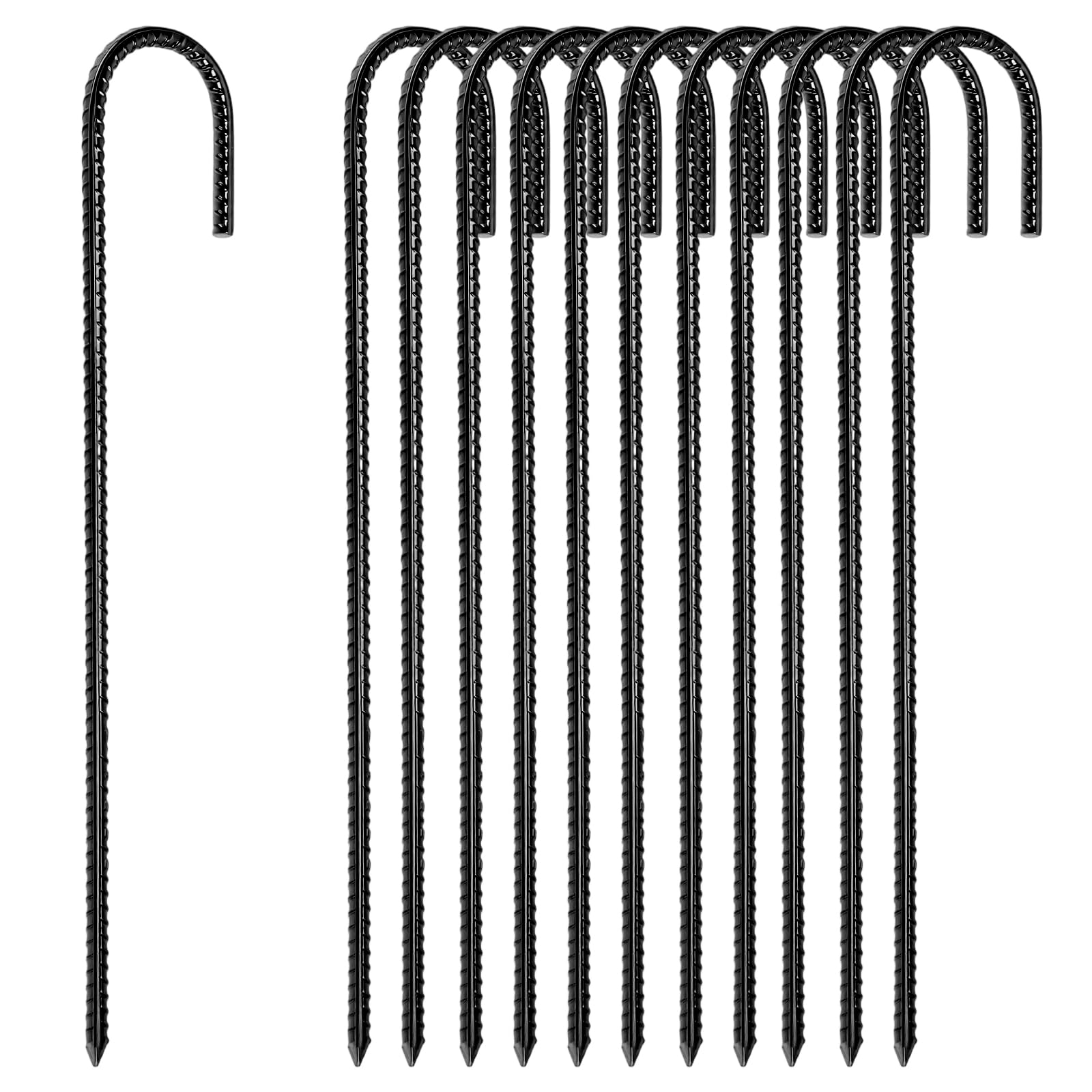 SOUJAP 12 PCS Rebar Stakes, 40cm J Hook Tent Pegs, Metal Ground Anchor for Gardens and Fence, Black, 16 Inch