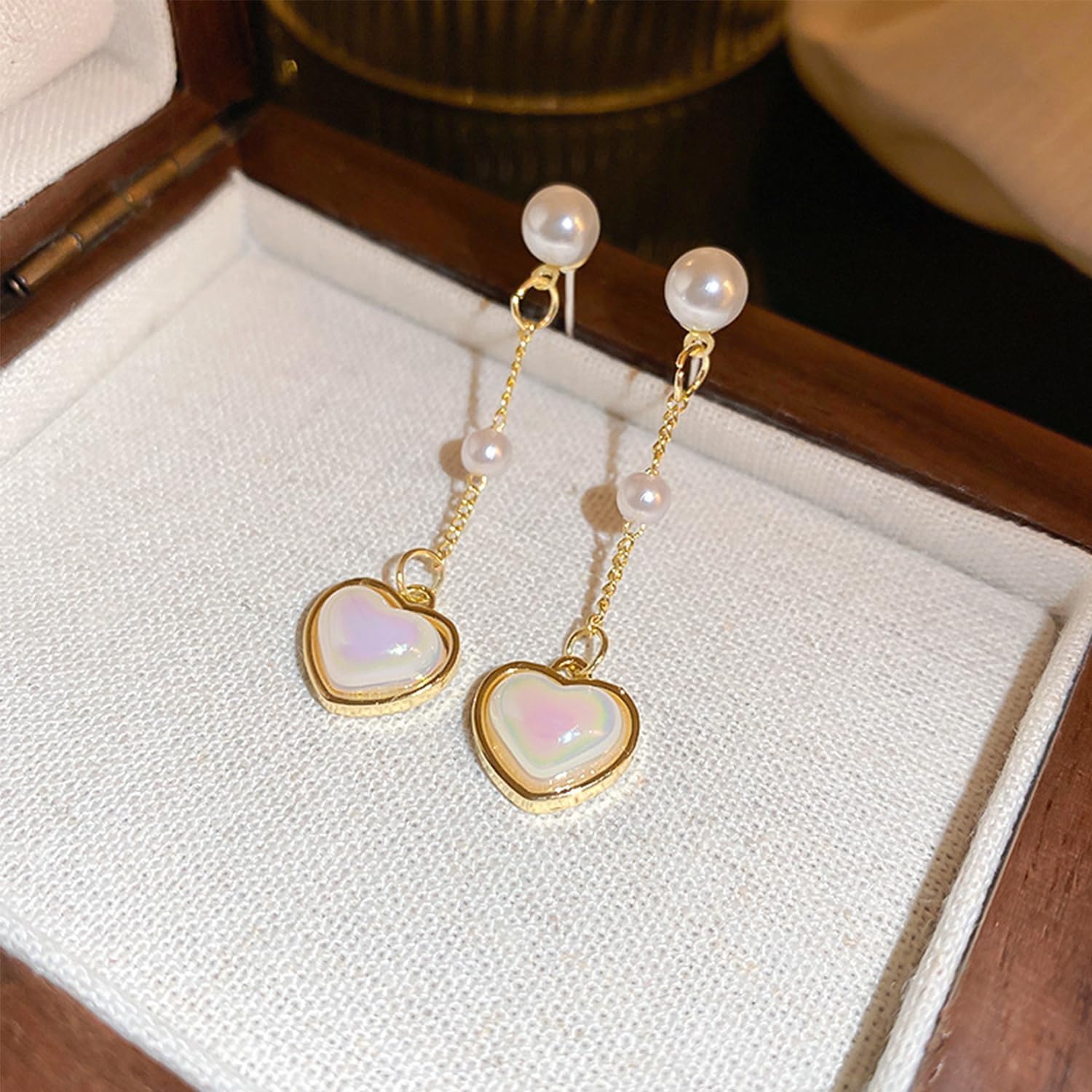 Pearl Heart Earrings for Women Pink Heart Drop Earrings Long Pearl Tassel Earrings White Pearl Earrings Party Jewelry Gifts for Women - Image 5