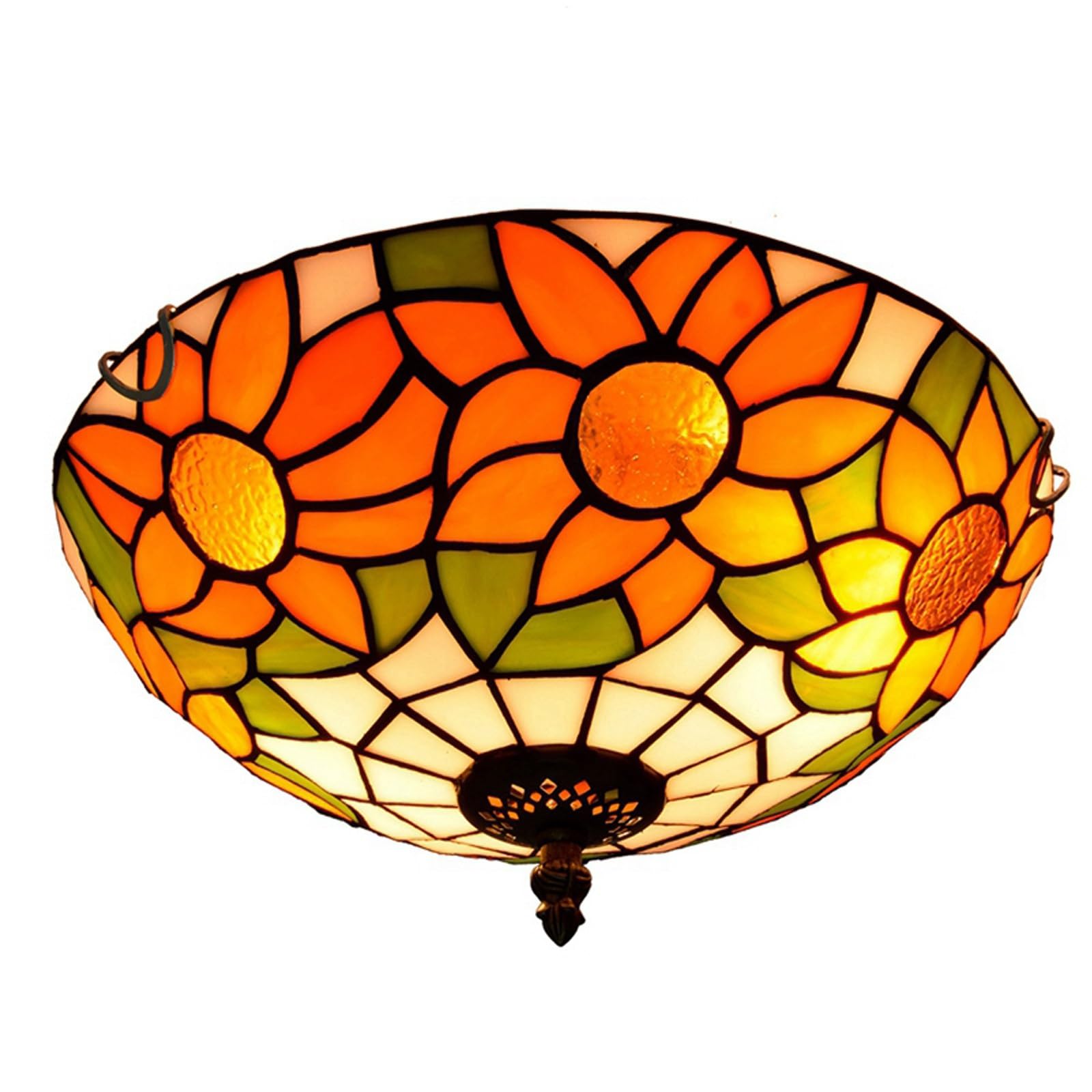 HJRegaFimu 12 Inches Flush Mount Ceiling Light Rustic Sunflower Stained Glass Uplighter Lamp Vintage Style Deco Large Chandelier For Living Dining Room Bedroom Corridor
