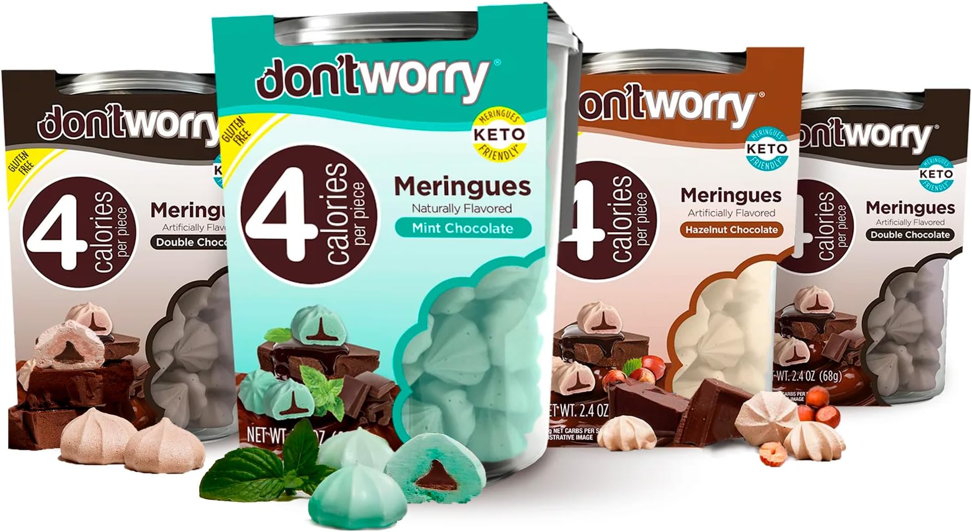 - Don't Worry Meringue Cookies | Double Chocolate, Hazelnut, Mint Chocolate Flavor | Low Sugar Candy with 4 Calories per Piece | Keto, Gluten Free, Low Carb Healthy Snacks For Adults | 4 Pack