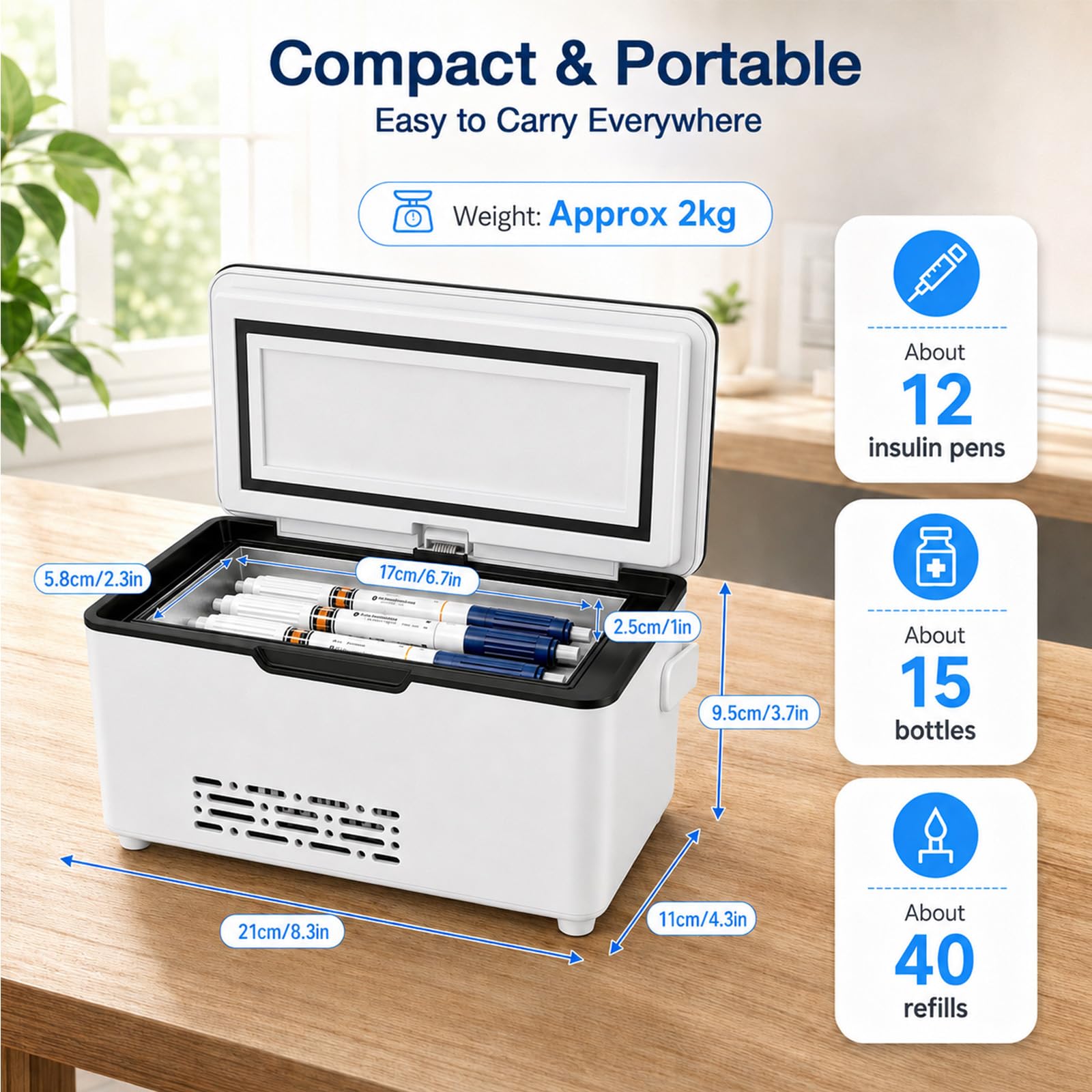 Refrigerador eléctrico portátil para insulina con dos baterías recargable, mini refrigerador, insulina y péptidos, pantalla LED, temperatura ajustable de 0 a 18 °C, uso en casa, viajes y en el coche