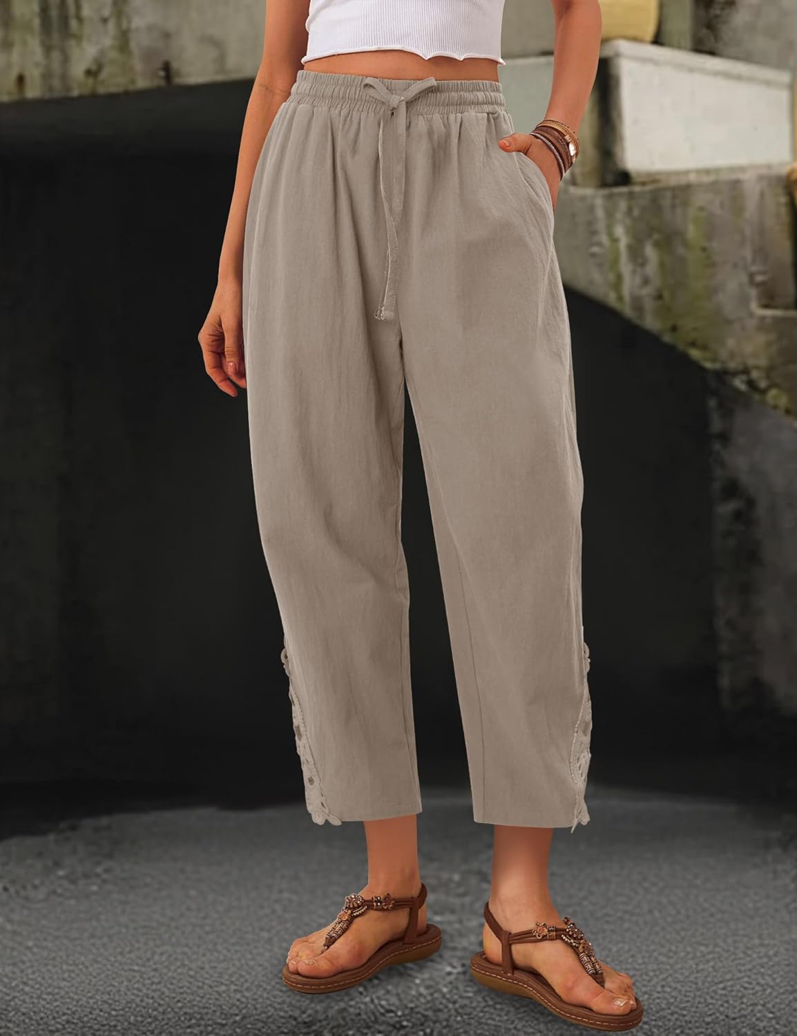 Angerella Womens Cotton Linen Pants Casual Lightweight Drawstring Elastic Waist Trousers Summer Lounge Pants with Pockets - Image 4