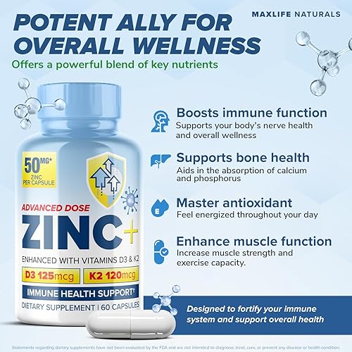 Miniatura 2 de Picolinato de zinc avanzado de 50 mg de apoyo inmunológico mejorado con cápsulas VIT D3 y K2-60, suplementos, suplementos de zinc para hombres y