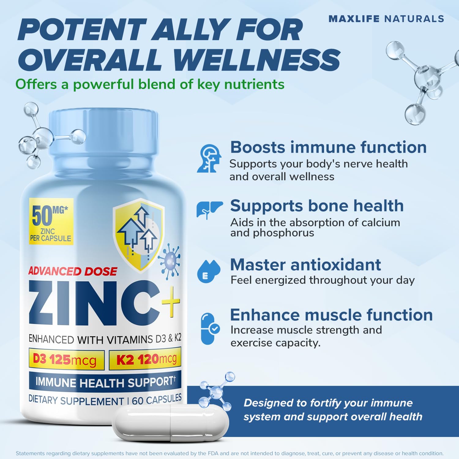MaxLife Naturals Zinc Picolinate 50mg D3 K2, 60 Capsules Made in USA — Amazon image 2