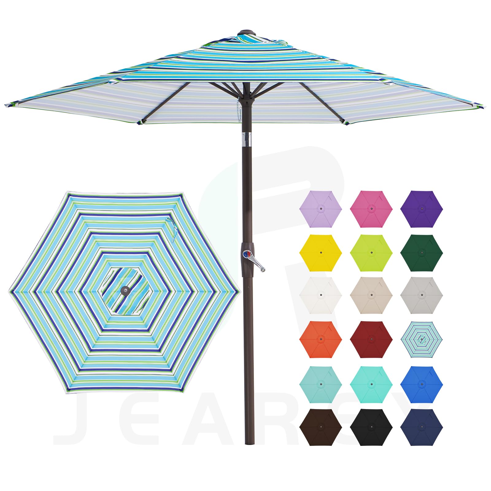 JEAREY 7.5FT Patio Umbrella Market Table Umbrella with 6 Sturdy Ribs, Push Button Tilt/Crank Outdoor Umbrella for Garden, Deck, Backyard, Pool and Beach,Blue-Green Stripe