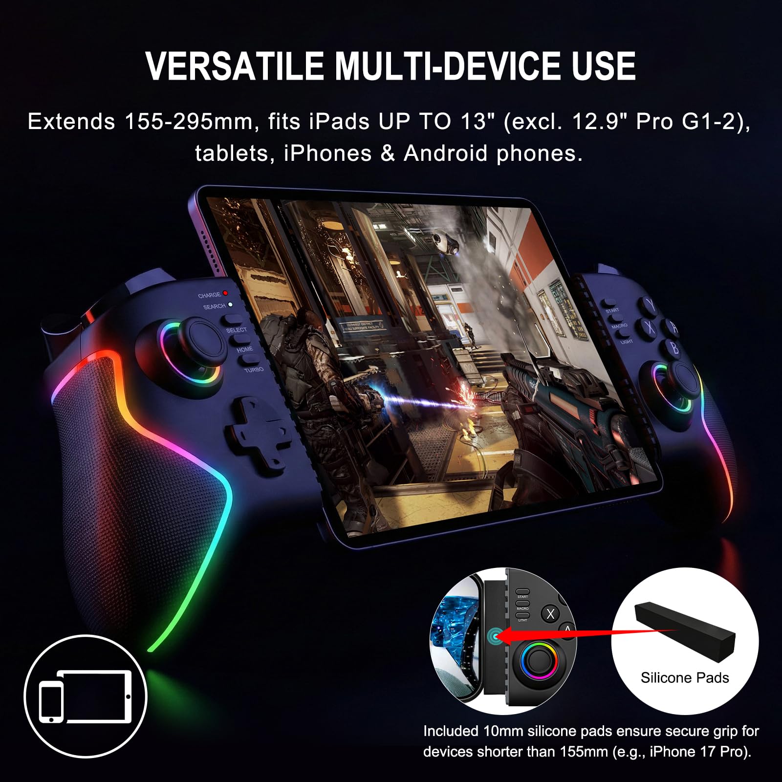 Joso Controller per telefono per iPad 13" e tablet, controller iPhone controllo Android con joystick Hall/trigger/macro/turbo/luce RGB, e morsetto bloccabile per iPad, Play P5/P4/Xbox/PC Streaming e