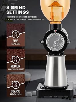 Huanyu Stainless Steel Coffee Grinder Electric with 8 Grinding Settings Flat Burr Coffee Grinder Adjustable Burr Coffee Grinders for Home Use Black