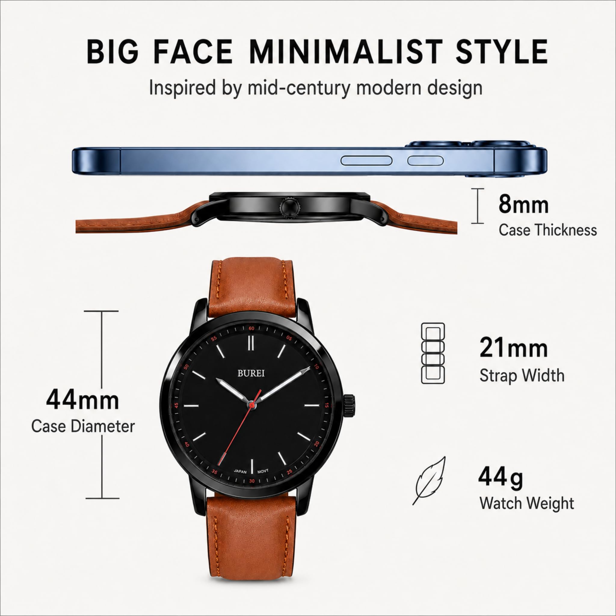 BUREI Orologio da uomo alla moda, minimalista, in pelle, classico, analogico, al quarzo, impermeabile, regalo per uomo