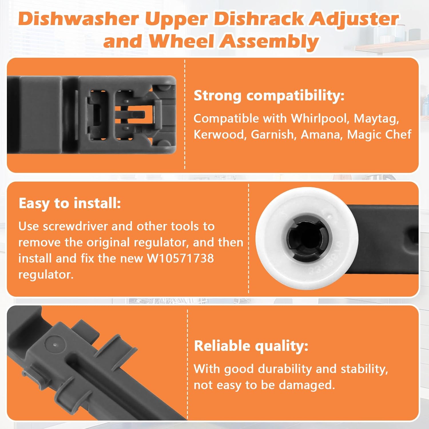 W10571738 3449627 Dishwasher Upper Dishrack Adjuster and Wheel Assembly Replacement for Whirlpool, Maytag, KitchenAid, Magic Chef Dishwasher Replace Parts PS11756470, WPW10571738, AP6023130 (4 Pack)
