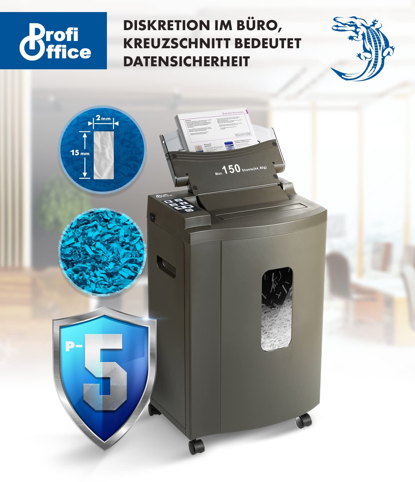 Profi Office Auto Feed niszczarka dokumentów, cięcie cząstek P-5, 150 arkuszy jednocześnie, niezawodna, cicha praca, standard DSGVO (91956)