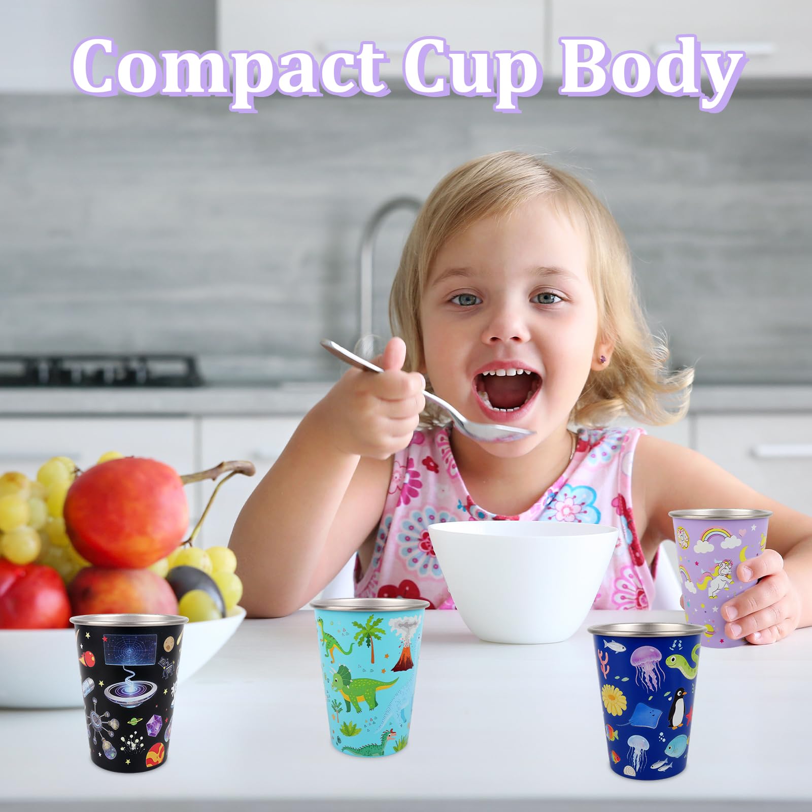 Set di 4 Bicchieri in Acciaio Inox per Bambini 350ml, Tazze in Acciaio Inox, Animali Marini Dinosauro Spazio Unicorno, Bicchieri Riutilizzabili Infrangibili Impilabili per Scuola Casa Campeggio