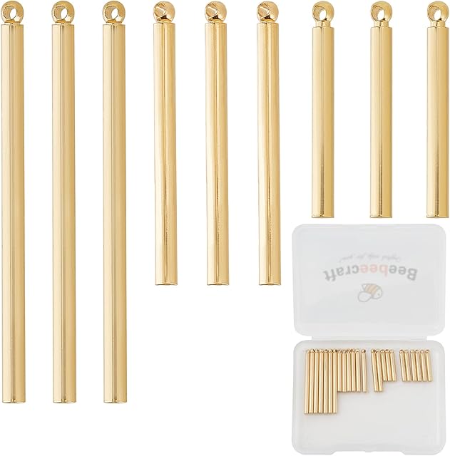Beebeecraft 1 Box 30Pcs 3 Size 18K Gold Plated Vertical Bar Charms Column Stick Jewelry Making Findings for DIY Necklace Bracelets Earrings