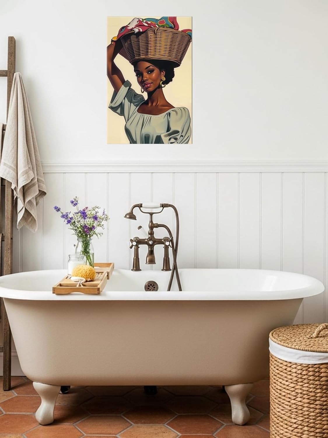 African Woman Wall Art Laundry Room Picture Black Girl with Laundry Basket Picture Prints Vintage African American Painting Black Female Canvas Poster for Bathroom Bedroom Home Decor(Por-04,12"x18")