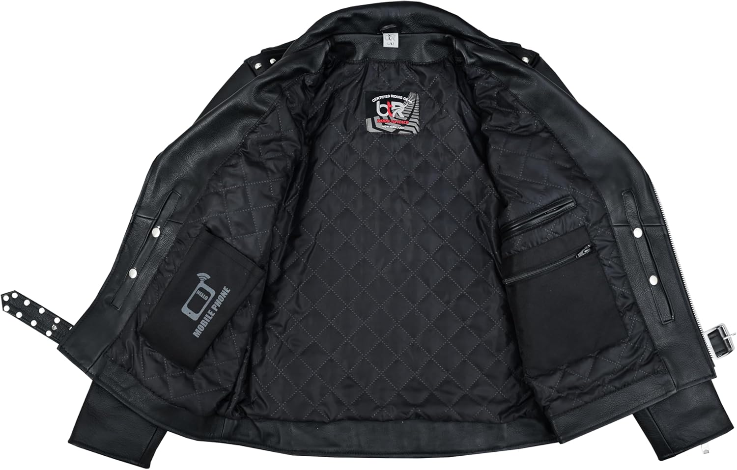 Men’s Leather Motorcycle Jacket Steel Stud Brando Jacket CE Armor Pockets, Asymmetrical Zipper, Belted