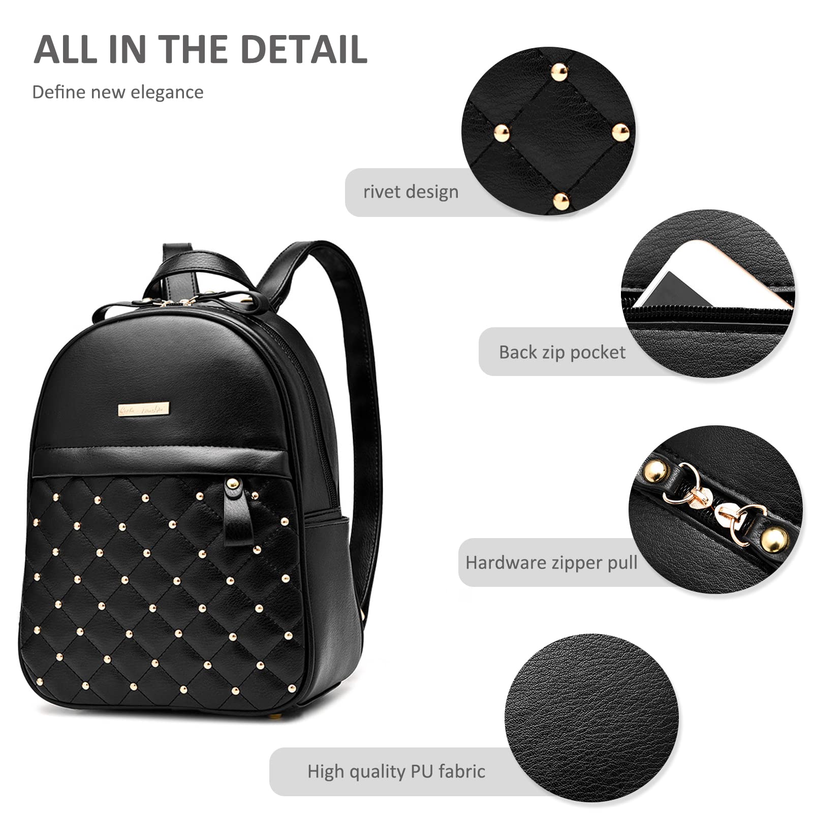 ADITAM Plecak damski Modny plecak Torebka Plecak na co dzień PU Skórzane plecaki Mały plecak Tornister College Plecak podróżny Studded Design Ciemnoniebieski