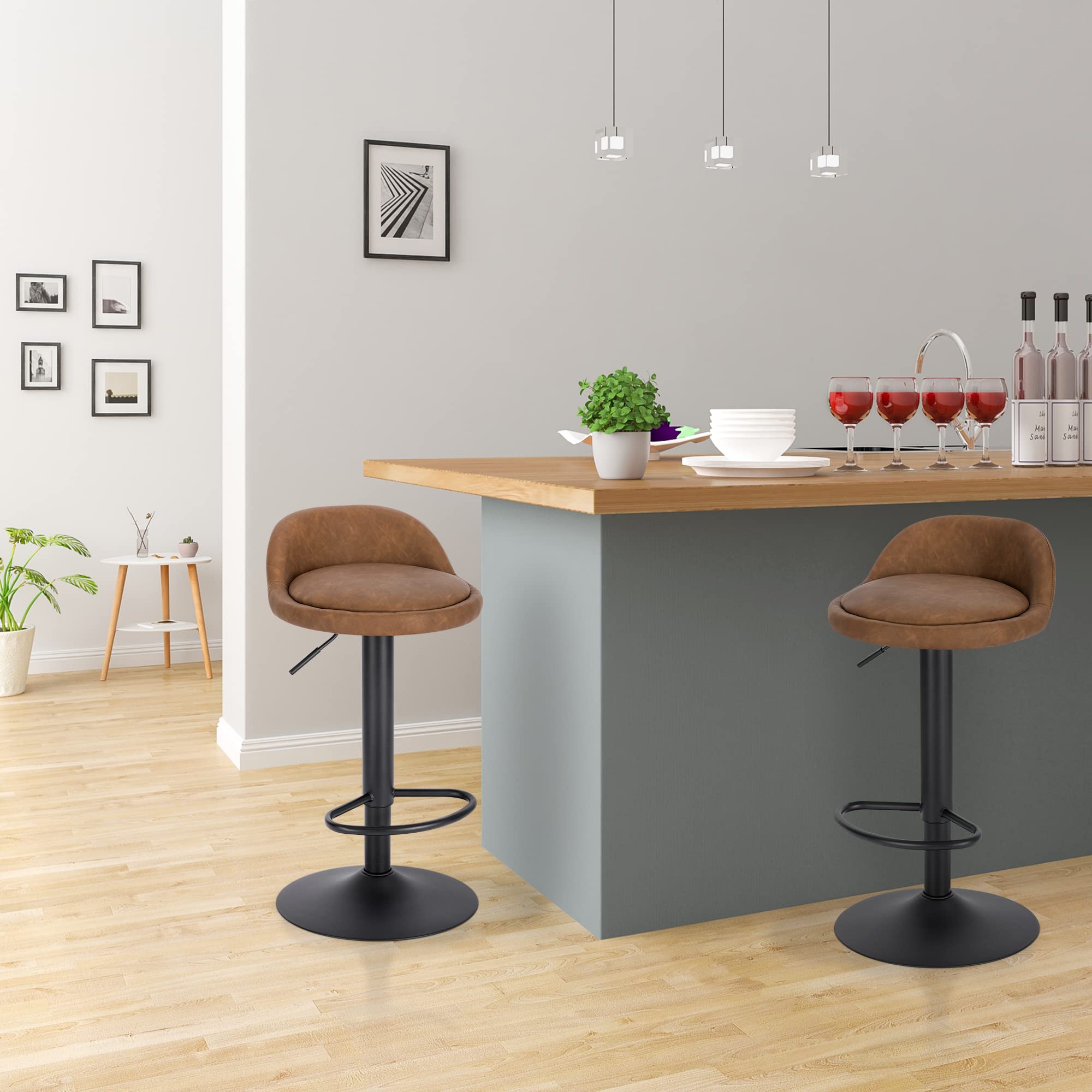 EUGAD 2X Taburetes Bar con Respaldo Taburetes Altos de Cocina en Altura Ajustable 62-84 cm para Bar y Cafetería, Piel sintética, Marrón