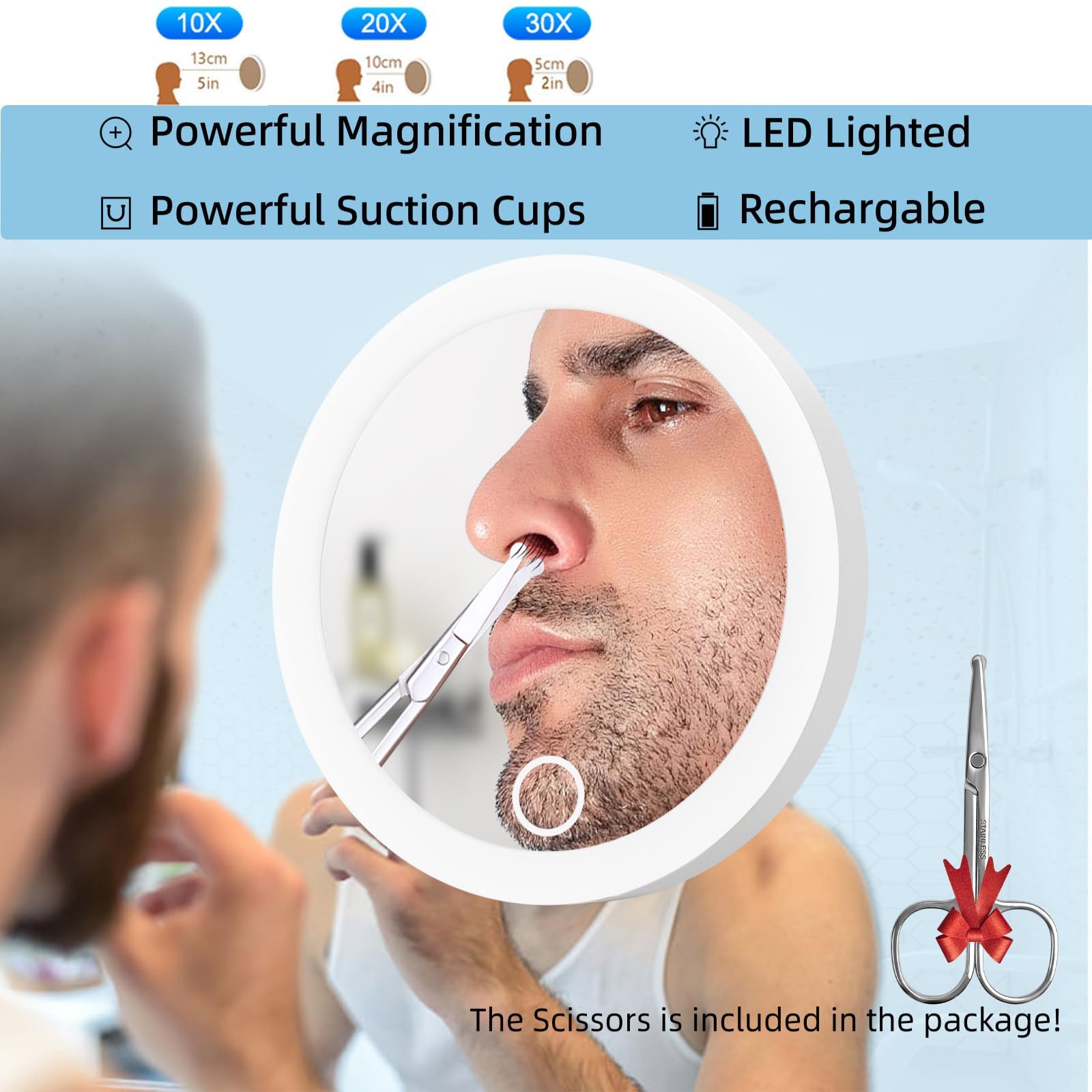 Specchio ingranditore 30X con luce, 15,2 cm, grande specchio ingranditore per trucco con 3 colori dimmerabili, portatile a LED ingrandito con 3 ventose, bianco