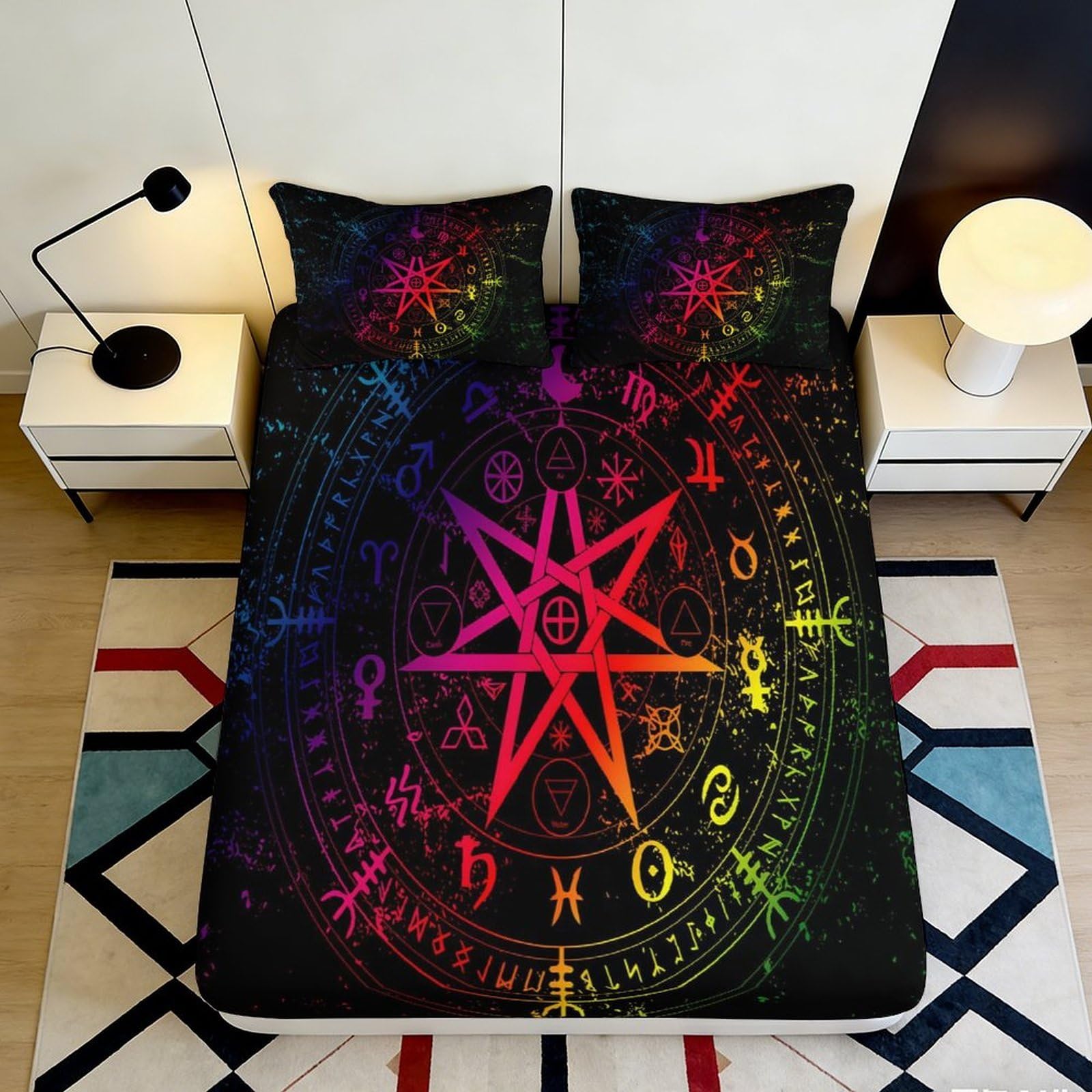 3D Printed Mystic Magic Circle Fitted Sheet Microfiber Non-Slip Deep Pocket Magical Symbol Mattress Fitted Cover Elastic Washable Bedding 200x200x25cm 90x200x25cm