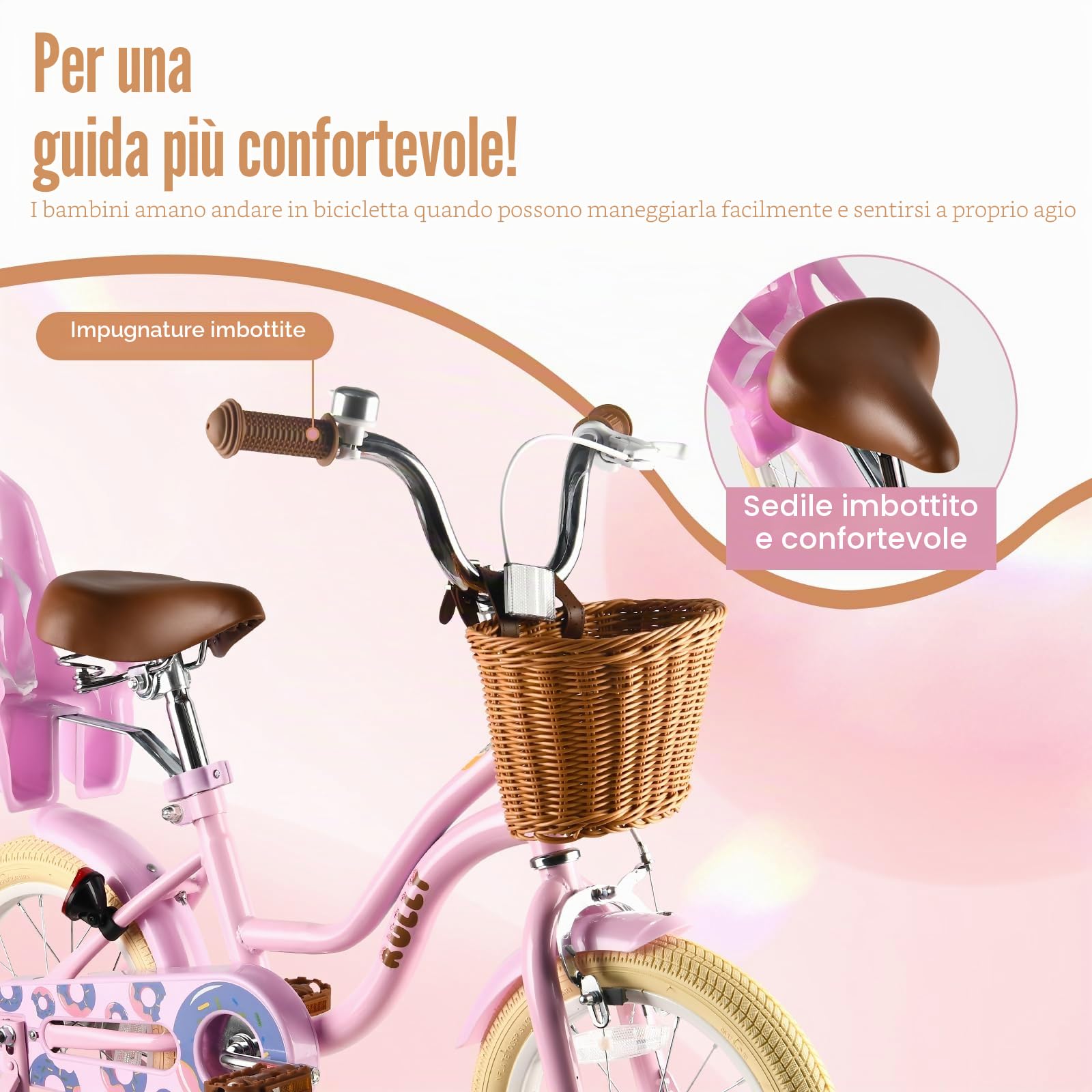 RULLY Bicicletta Bambina con Rotelle, Cestino e Seggiolino per Bambola, Sella Regolabile, per 2–7 Anni, Rosa/Viola/Blu