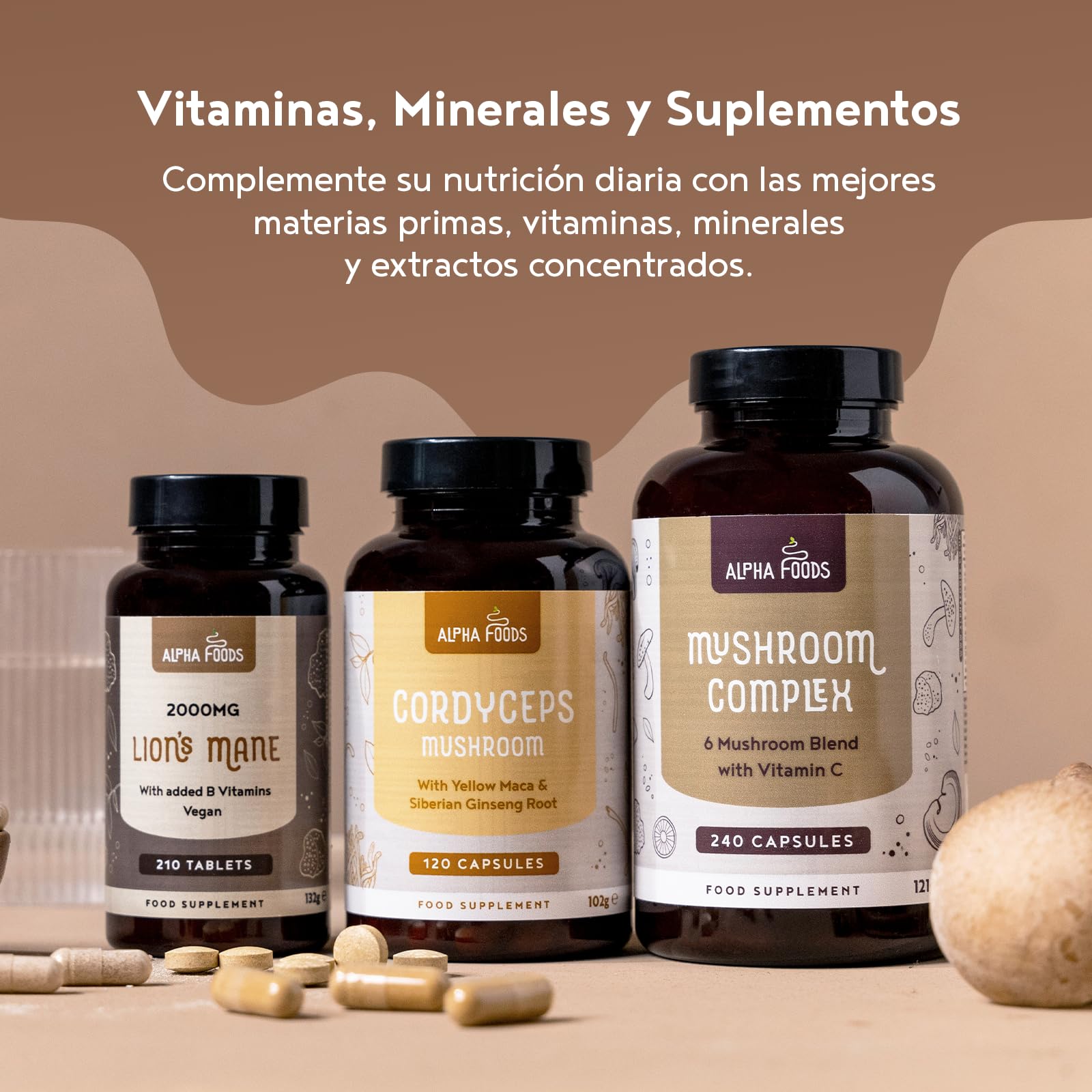 Complejo de Hongos | 240 Cápsulas Veganas | Setas Funcionales con Vitamina C y Zinc | Melena de Leon (Lions Mane), Reishi, Shiitake, Maitake, Chaga y Cordyceps | Sistema Imune y Defensas | Alpha Foods