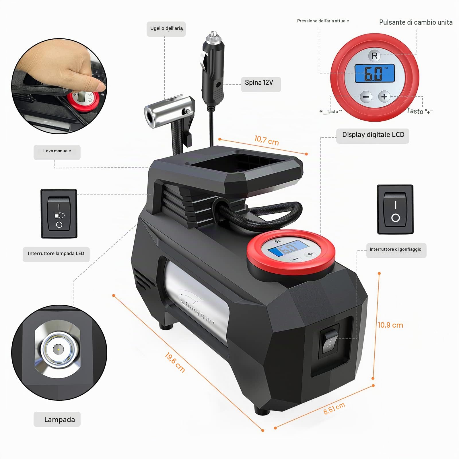 Compressore d’Aria per Auto HAUSBELL 12V, Gonfiatore Digitale 150 PSI con Spegnimento Automatico, Luce LED di Emergenza, Adattatori Valvola – Accessorio Portatile per Gonfiaggio Rapido (Nero)