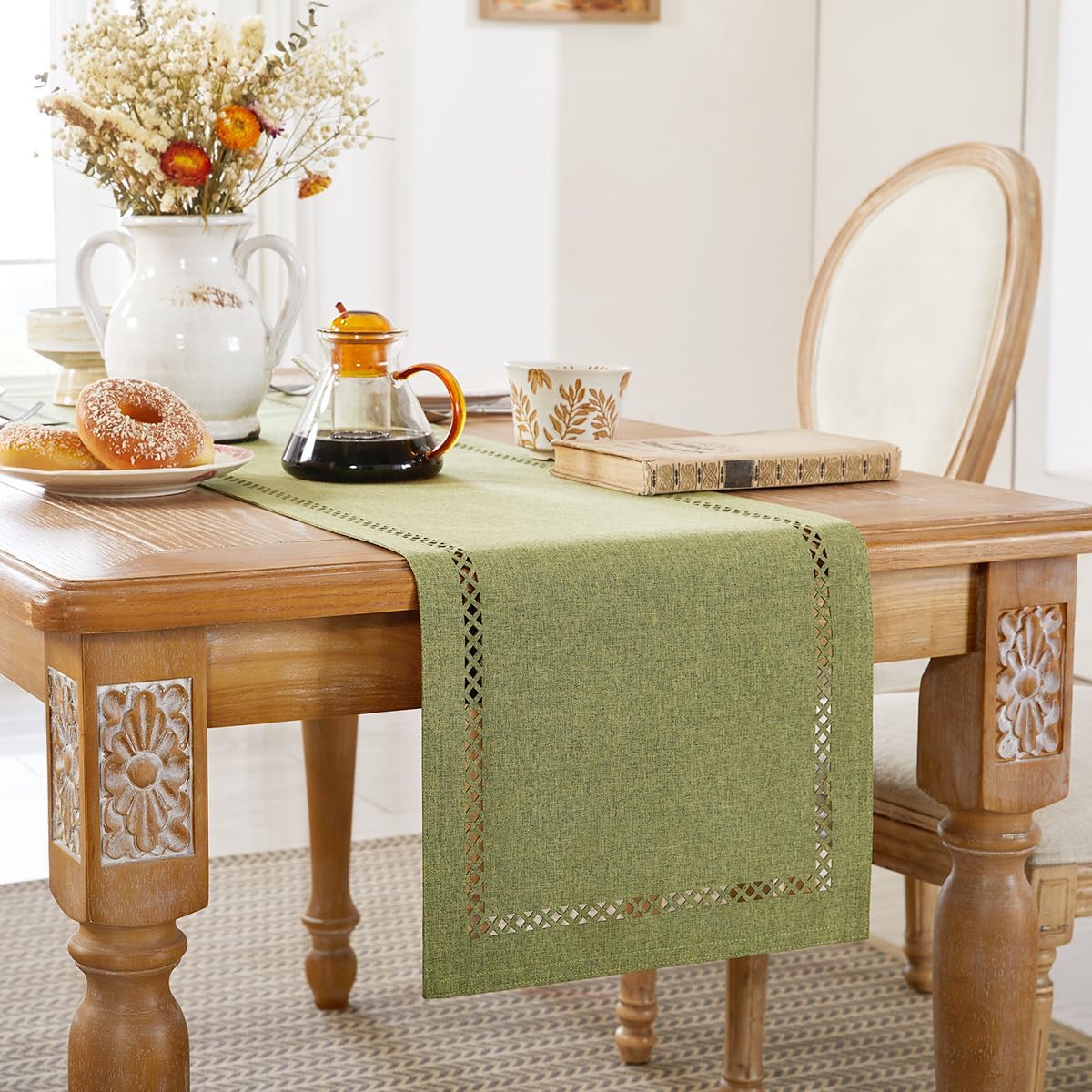 Burlap Style Farmhouse Table Runner, 13 x 108 Inch Sage Green, Rustic Geometric Hollow Table Runners 108 Inches Long for Dresser Table Everyday Use, 13x108 Inches, Sage Green