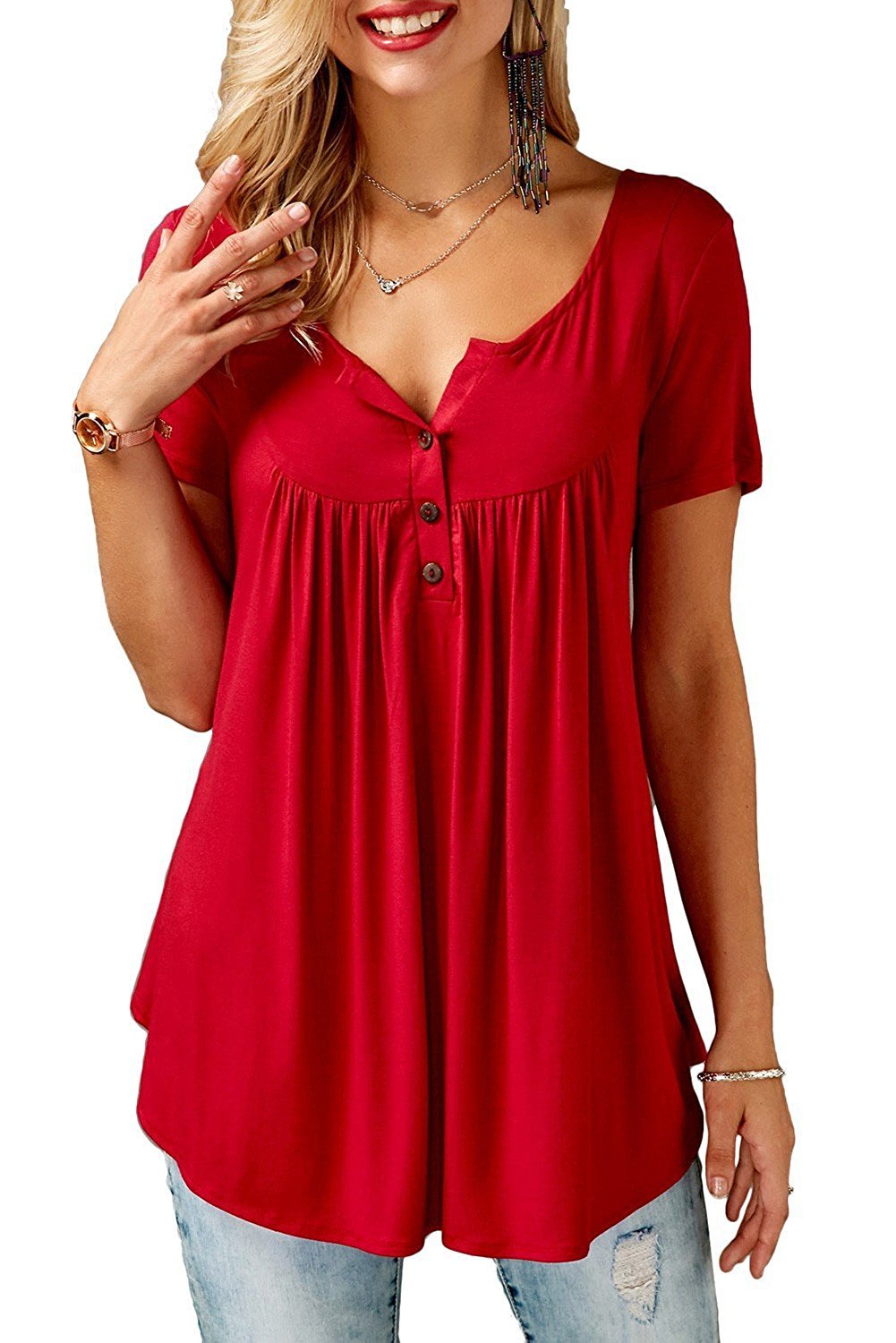 Bequemer Laden Femmes Bouton Tunique Longue Col V Manche Courtes Chemises | Mode Joli T-shirt Dames Printemps Ete Tunique Longue Grande Taille Blouse Femme Chic et Elégant Haut Top Plage Uni Fleuri