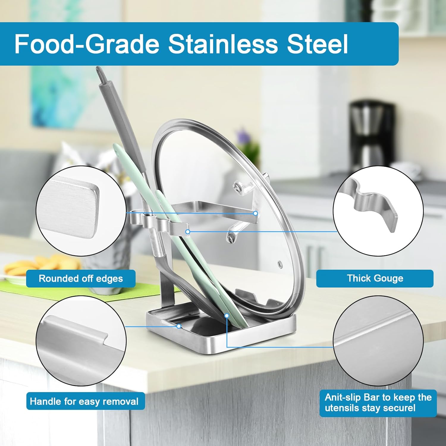 SOLEADER Vertical Spoon Rest and Lid Stand for Stove Top kitchen Utensils Pot Lid Holder and Organizer for Kitchen Counter Foodgrade Stainless Steel with Drip Tray and Handle - Image 3