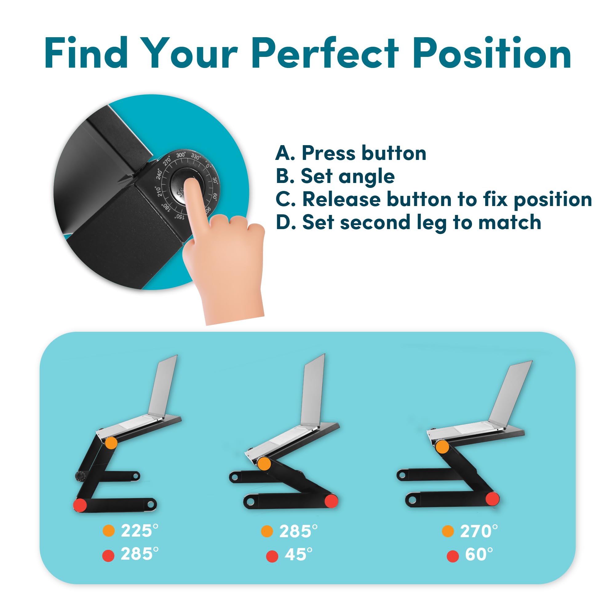 Adjustable Lap Desk Lap Stand, Portable Laptop Desk Ergonomic Table Stand with 2 Cooling Fans, Detachable Mouse Pad, TV Bed Lap Tray, Aluminum Standing Desk Laptop Holder Desk for Office, Bed and Sofa